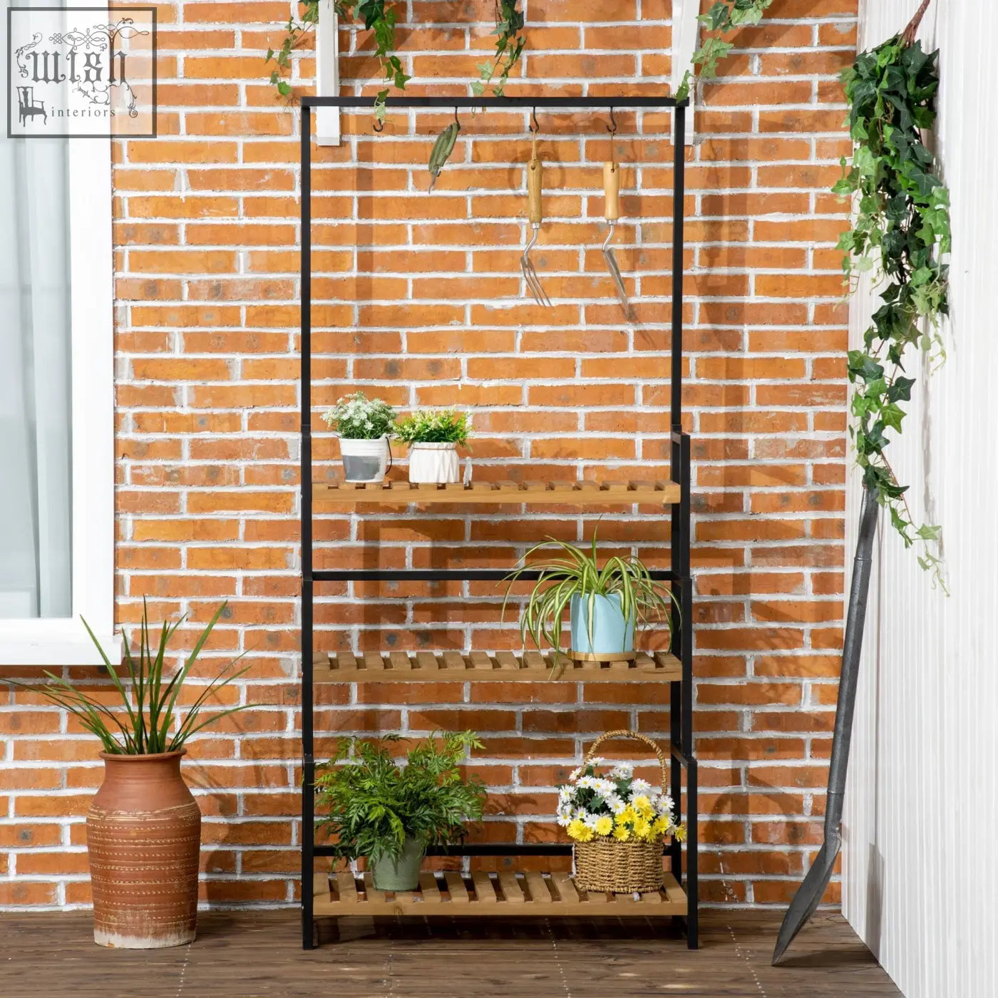 Black metal frame tiered plant stand with wooden slatted shelves and strong core for indoor outdoor use