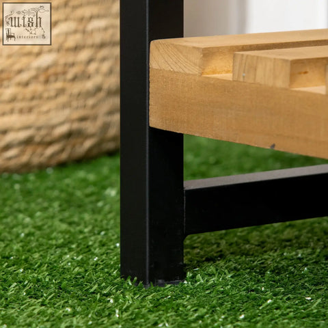 Outsunny 3 tiered plant stand with black metal frame and light wood slats featuring a strong core and hanging hooks