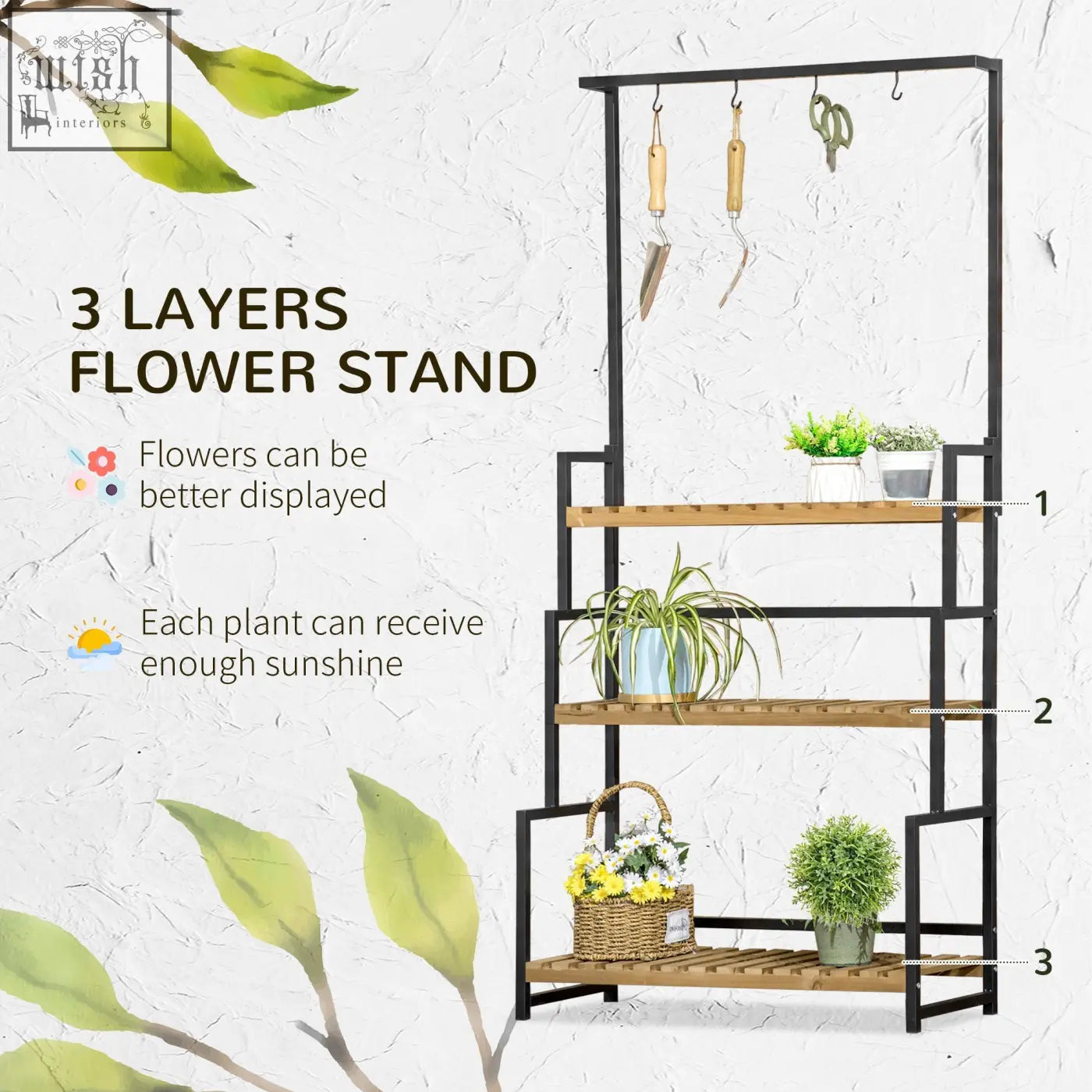 Outsunny black metal frame tiered plant stand with three wooden layers and hanging hooks for indoor outdoor use