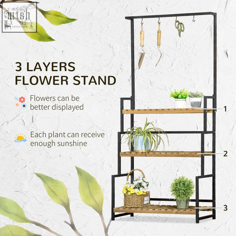Outsunny black metal frame tiered plant stand with three wooden layers and hanging hooks for indoor outdoor use