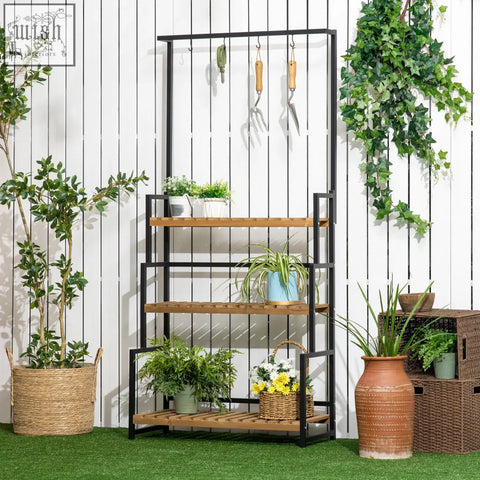 Outsunny 3 tiered plant stand with black metal frame wood shelves and hanging hooks for indoor outdoor use with strong core