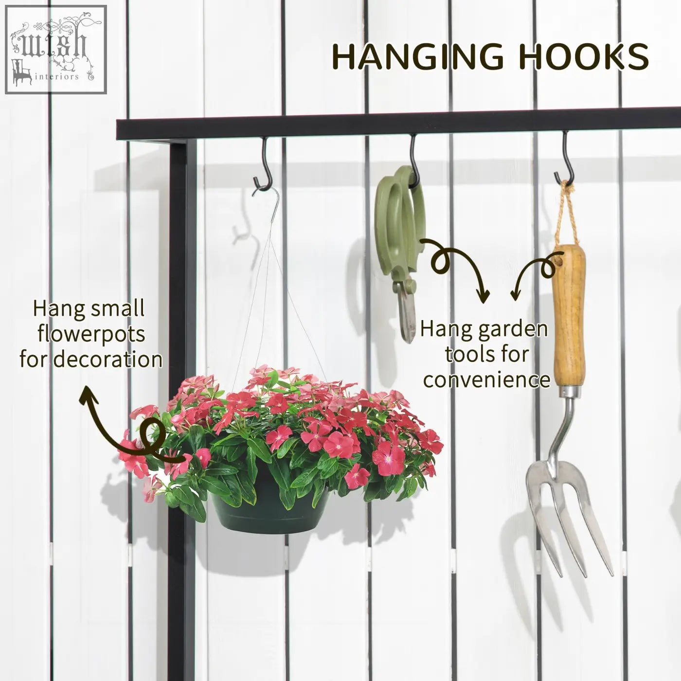 Outsunny black metal frame tiered plant stand with strong core and sleek hanging hooks for indoor outdoor use