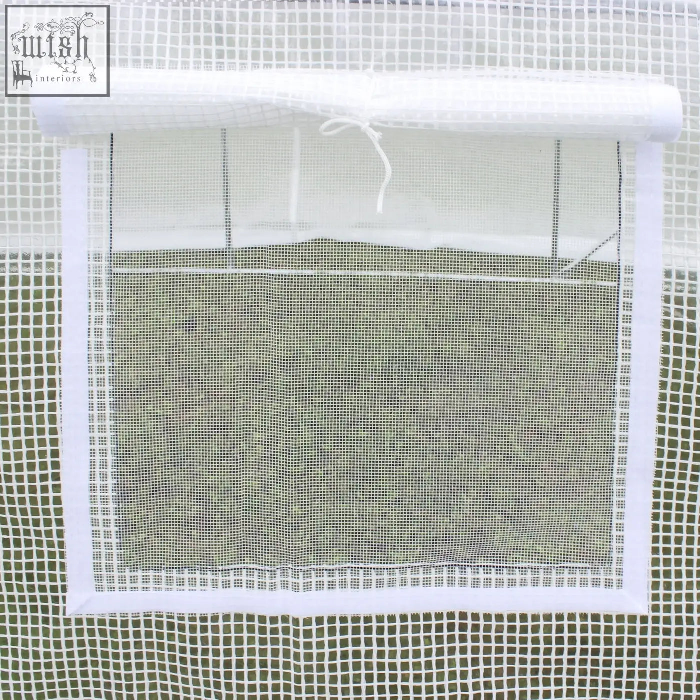 Outsunny white mesh window screen with rolled-up top and trim for easy access in light rain and light wind conditions