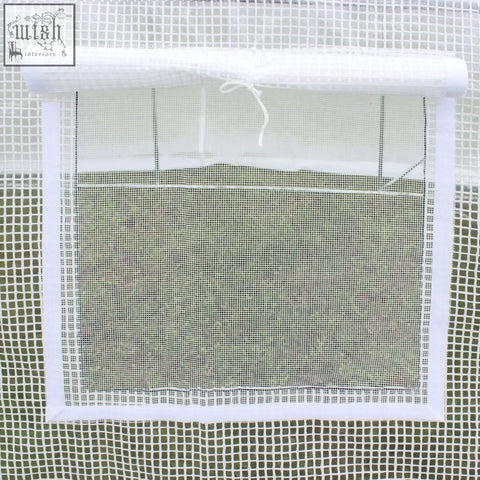 Outsunny white mesh window screen with rolled-up top and trim for easy access in light rain and light wind conditions