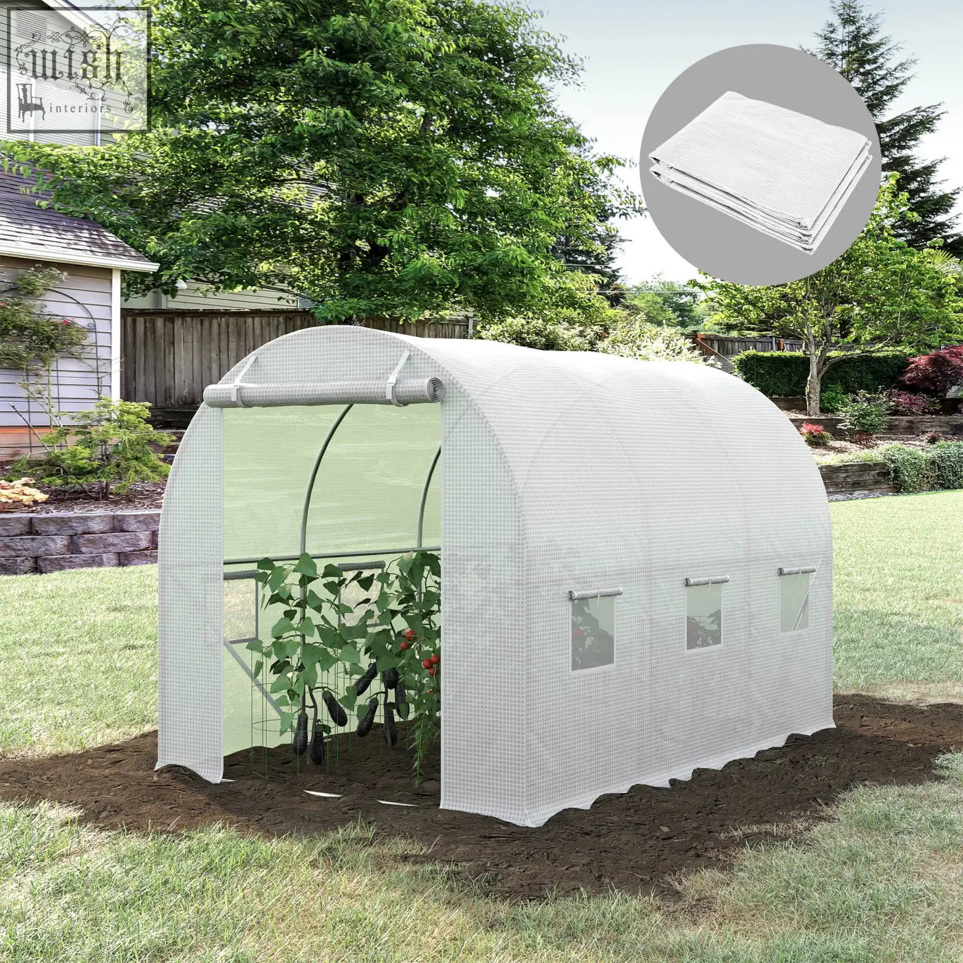White plastic outsunny greenhouse replacement cover with translucent panels for light rain, light wind, and easy access