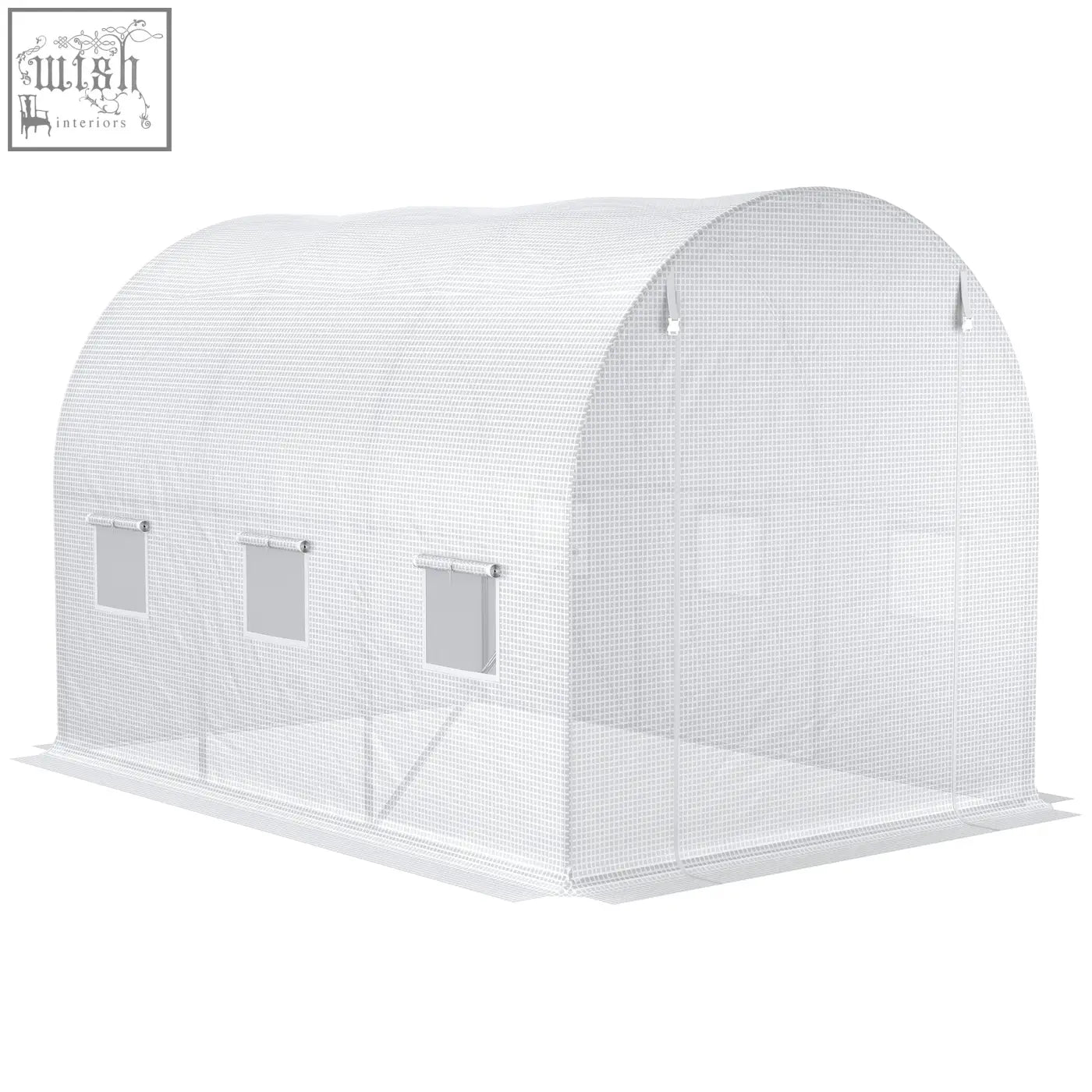 White mesh outsunny greenhouse replacement cover with three roll-up windows and arched roof for light rain and easy access