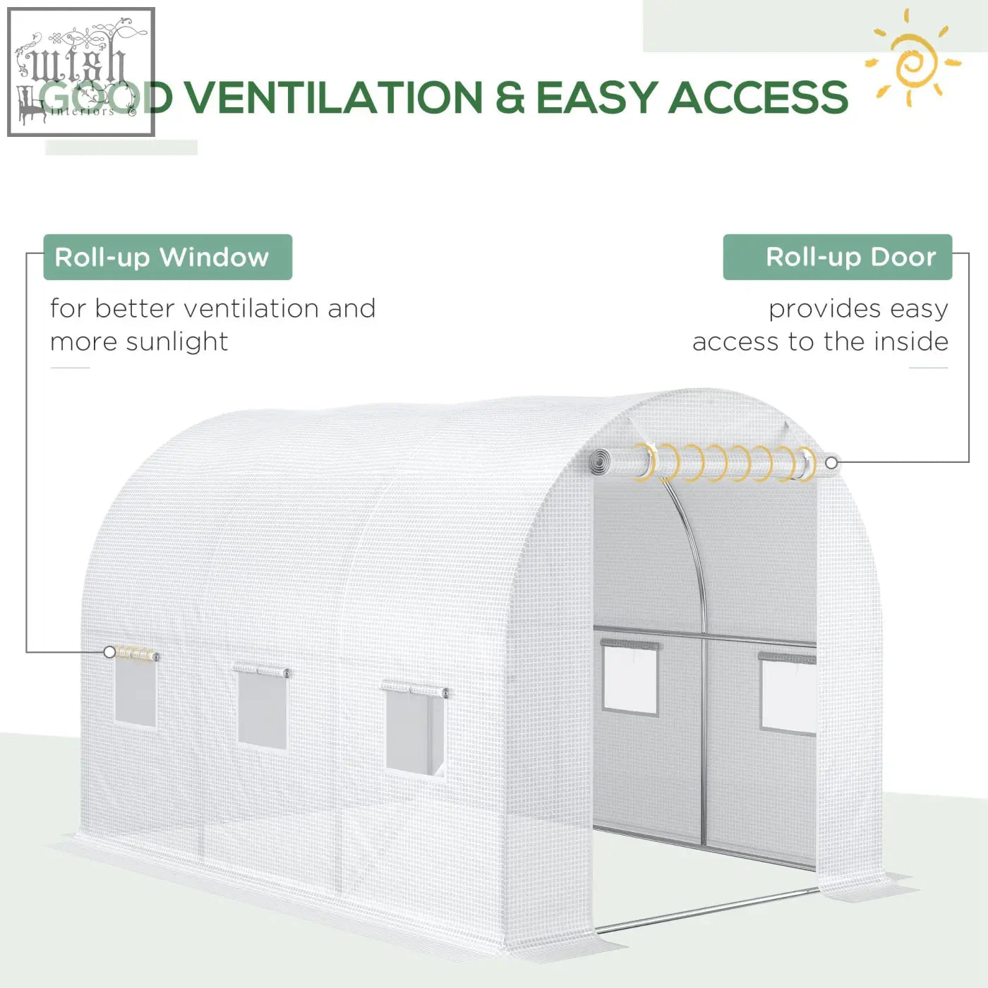White mesh outsunny greenhouse replacement cover with roll-up window and door for easy access in light rain and wind