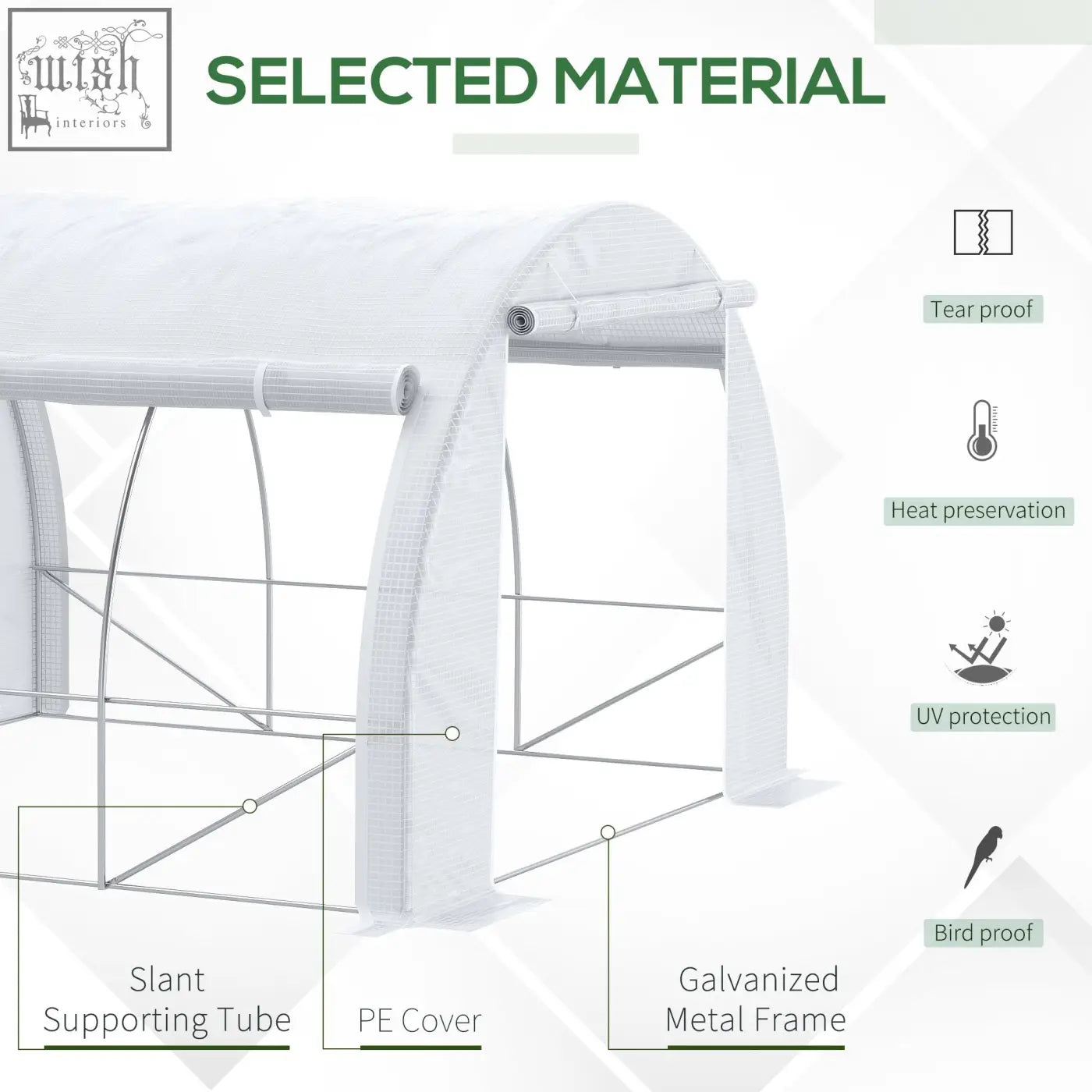 White pe cover outsunny polytunnel greenhouse with galvanised steel frame and slant supporting tubes for gardening