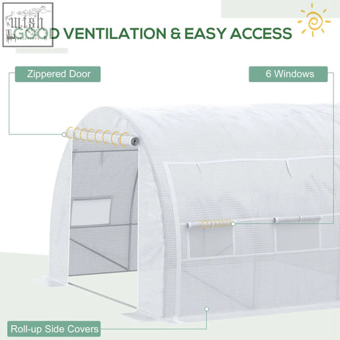 White mesh polytunnel greenhouse with zippered door six windows and galvanised steel frame for garden use