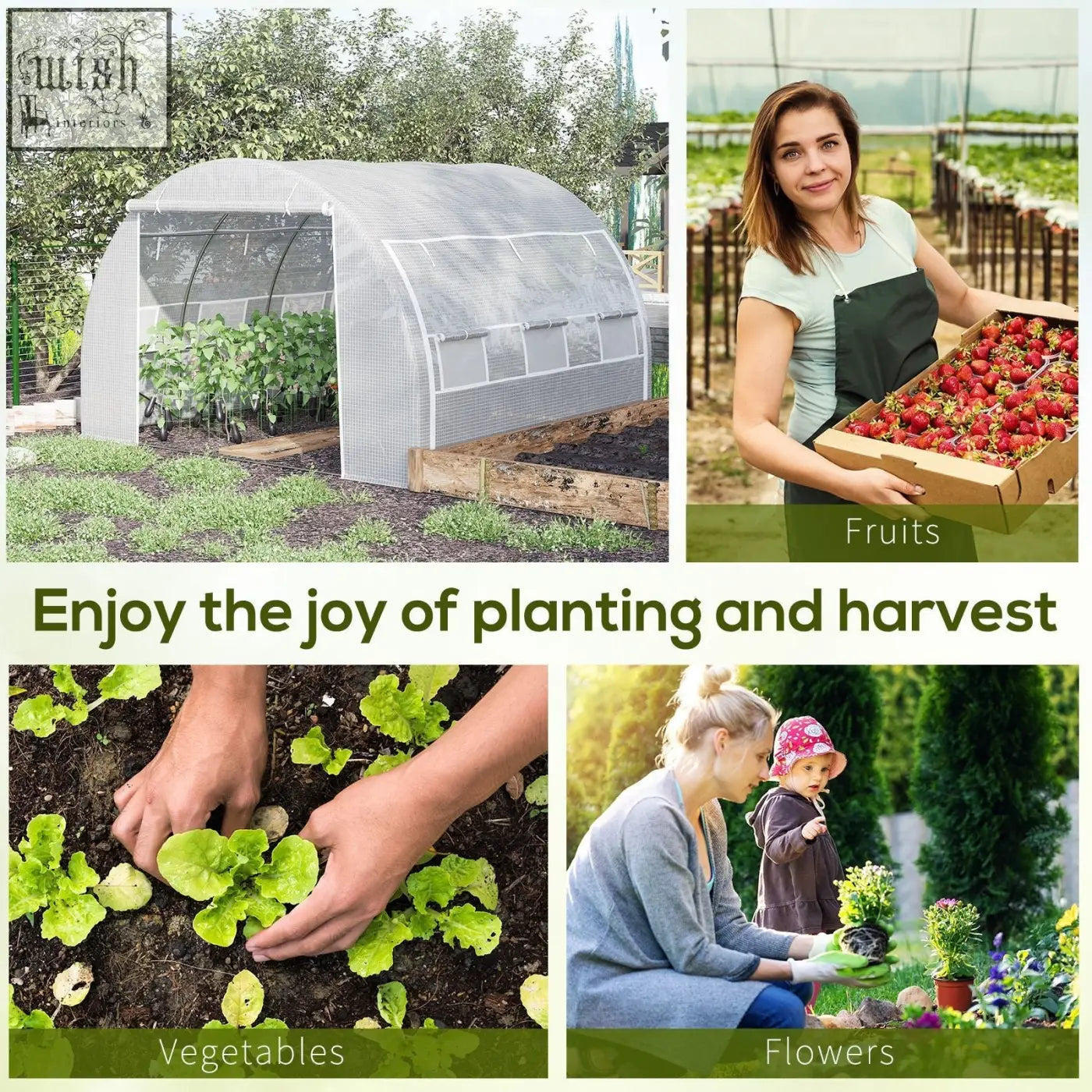 Green plastic outsunny polytunnel greenhouse with roll-up mesh sides and galvanised steel frame for garden use