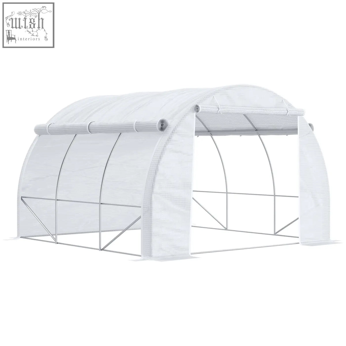 White translucent polytunnel greenhouse with galvanised steel frame and roll-up side walls for garden use