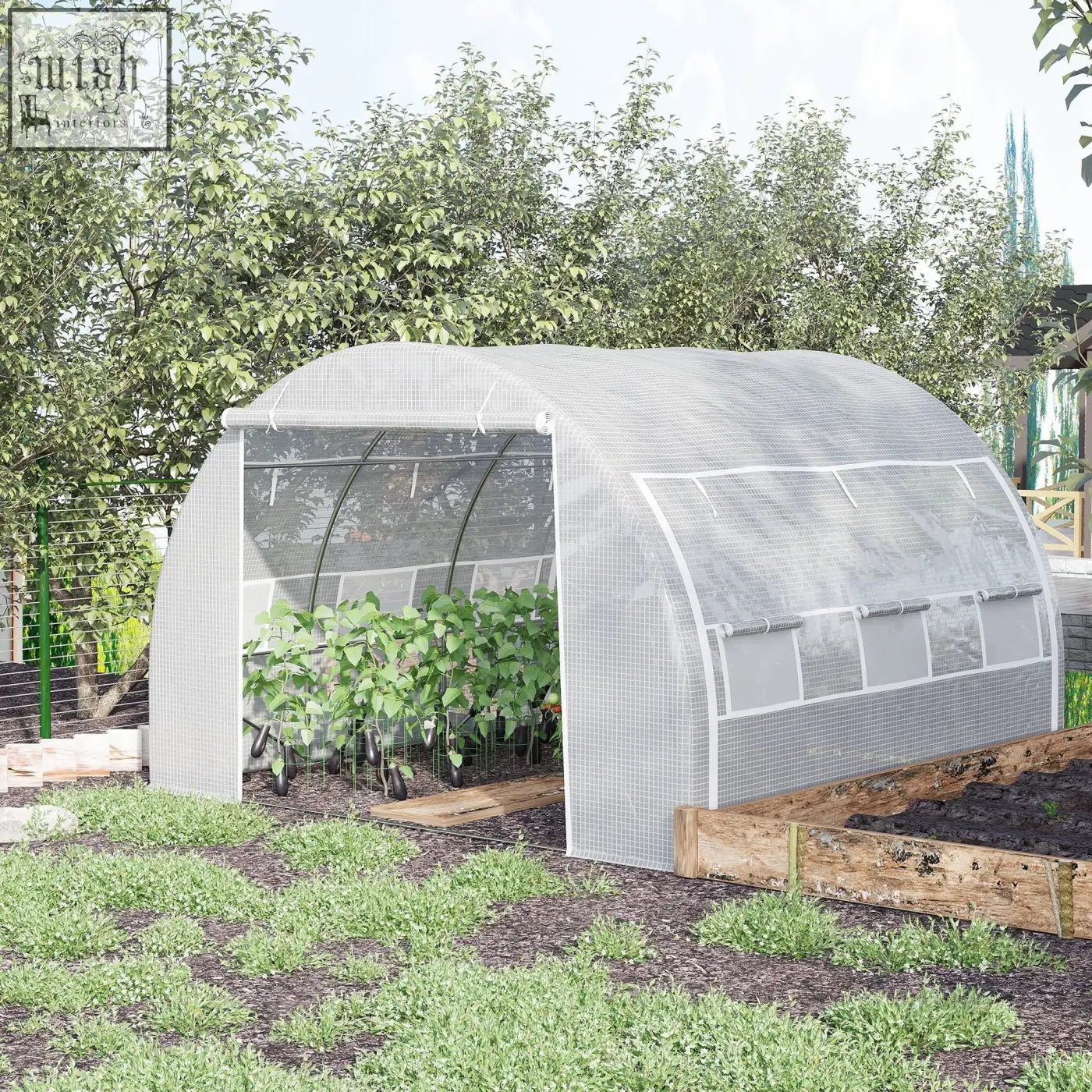 Translucent arched polytunnel greenhouse with white mesh and clear plastic panels steel frame for garden use