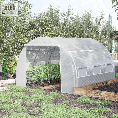 Translucent arched polytunnel greenhouse with white mesh and clear plastic panels steel frame for garden use