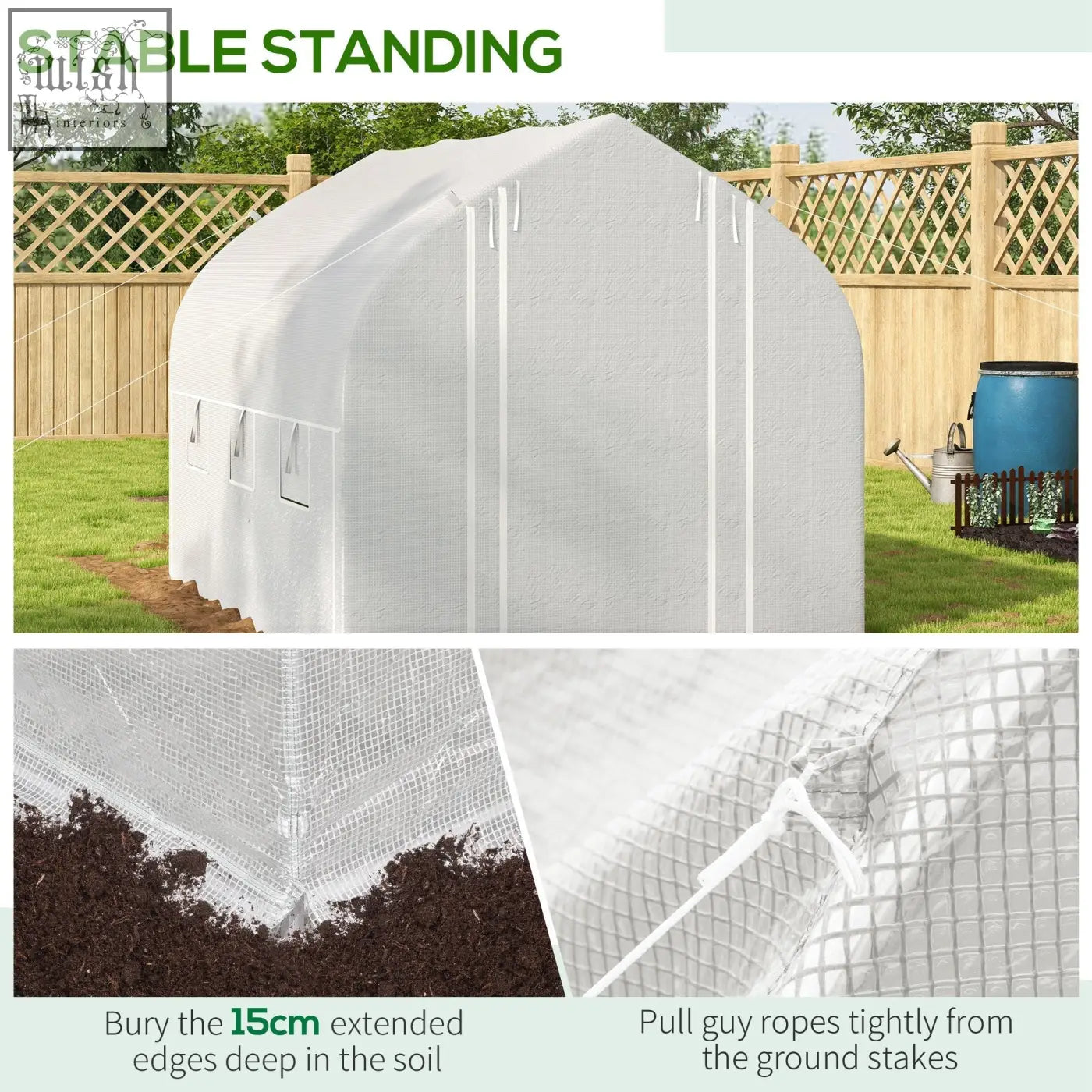 White mesh outsunny 3 x 2 m polytunnel greenhouse with galvanised steel frame and guy ropes for stable standing