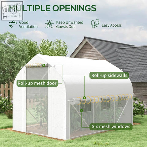 White outsunny polytunnel greenhouse with galvanised steel frame mesh door roll-up sidewalls and six mesh windows