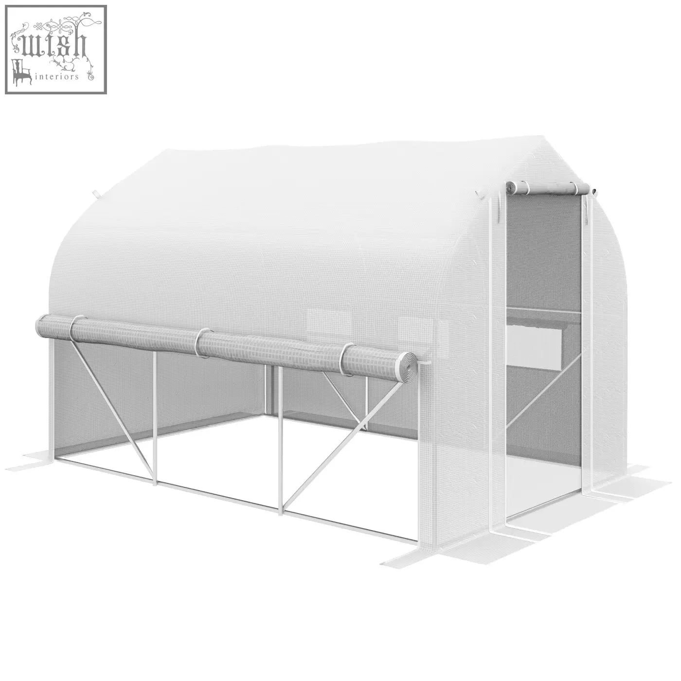White mesh polytunnel greenhouse with galvanised steel frame and roll-up door for garden planting use