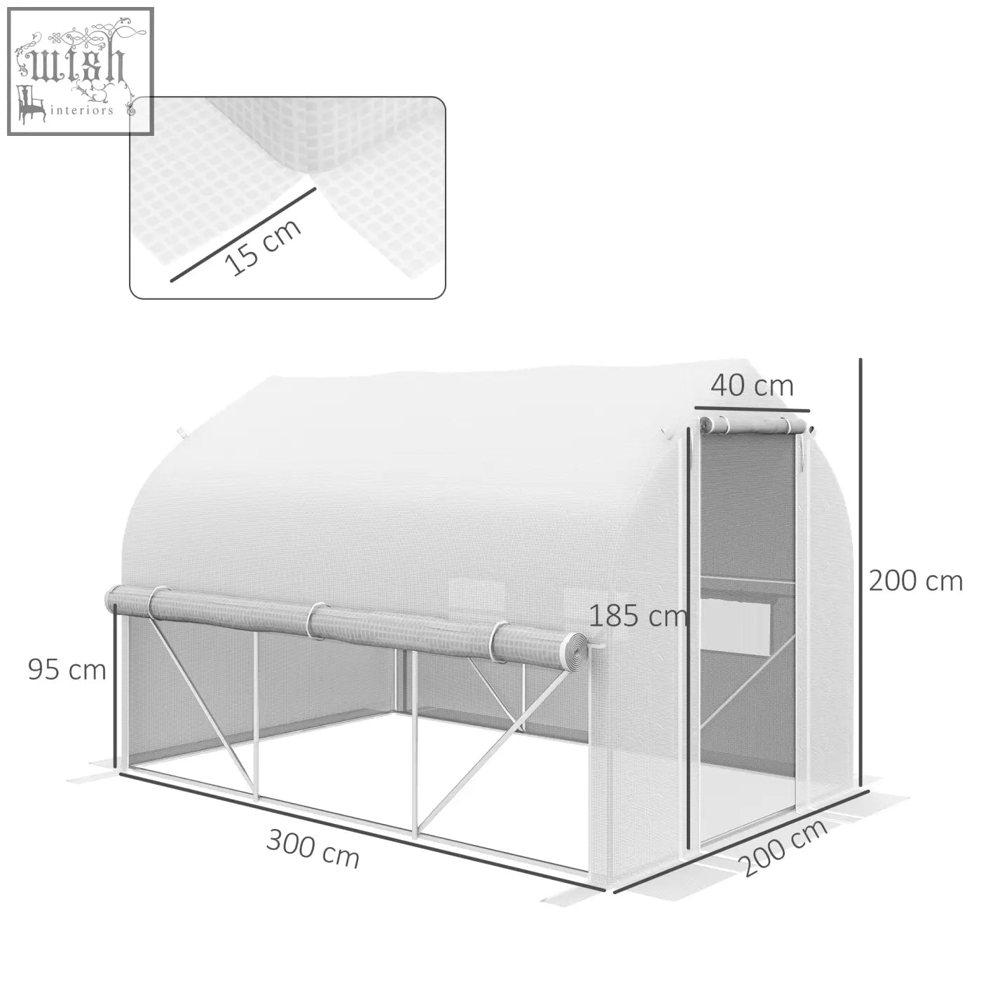 White mesh polytunnel greenhouse with galvanised steel frame and roll-up side panels for garden planting
