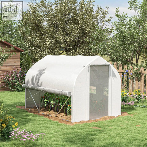 White arched polytunnel greenhouse with mesh side panel and galvanised steel frame for walk-in gardening use