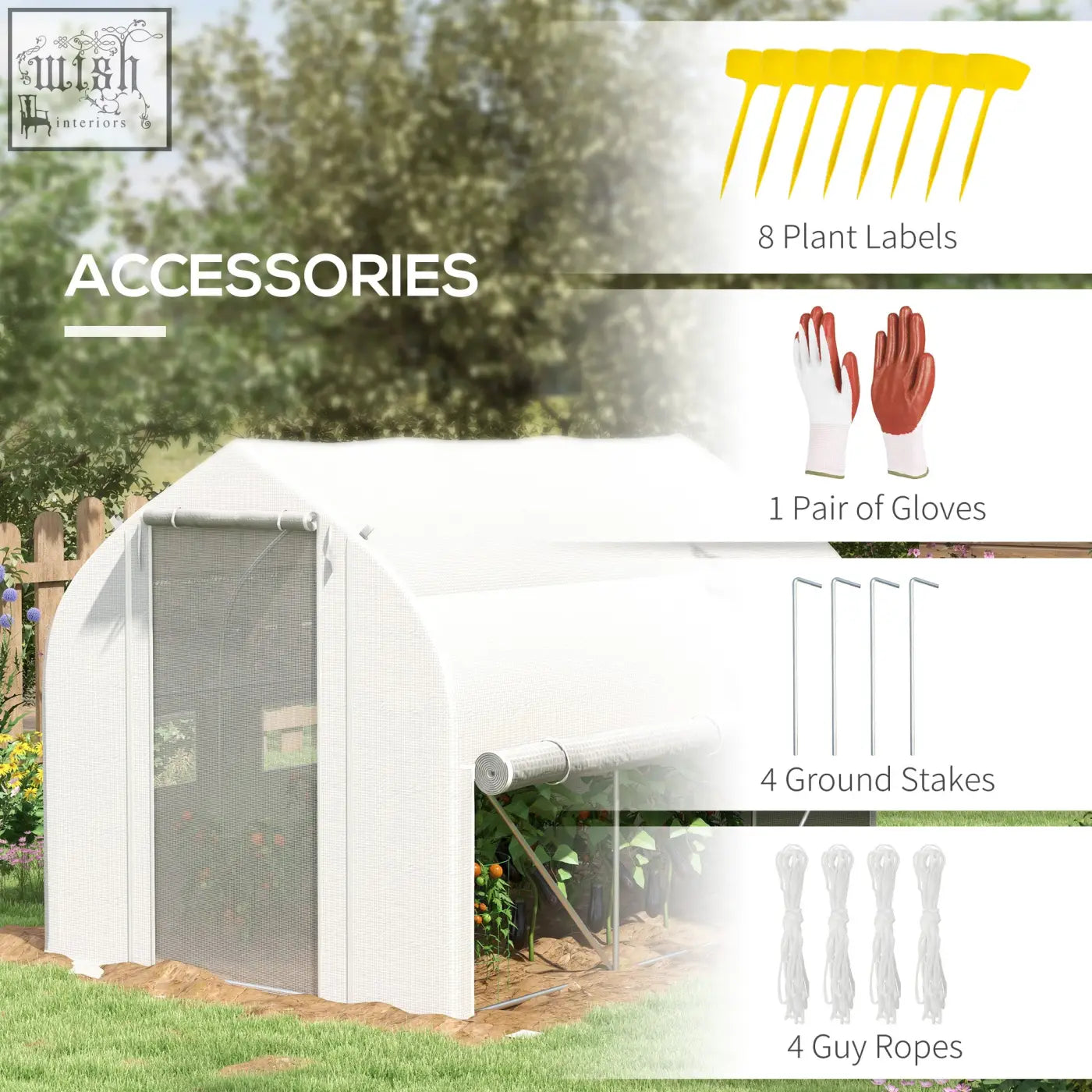 White outsunny polytunnel greenhouse with galvanised steel frame mesh door arched roof and zipped roll up sidewalls