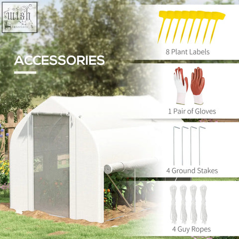 White outsunny polytunnel greenhouse with galvanised steel frame mesh door arched roof and zipped roll up sidewalls