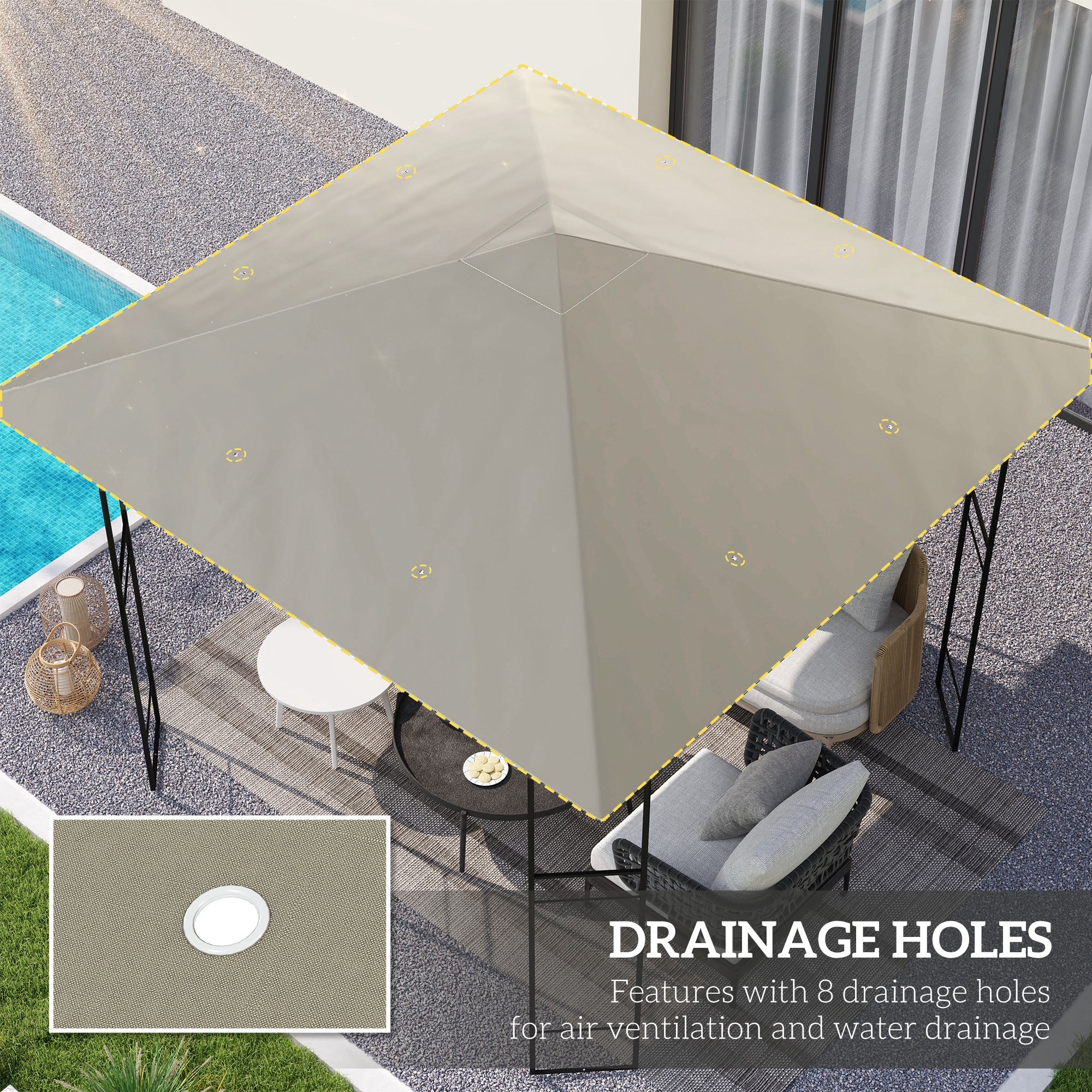 Beige outsunny gazebo canopy replacement with gold trim and eight drainage holes for ventilation for 3x3m gazebo