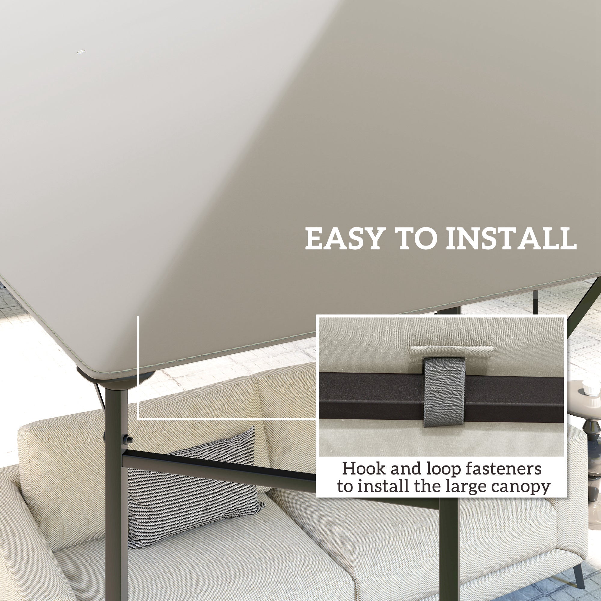 Beige fabric gazebo canopy replacement with black metal frame and hook-and-loop fasteners for easy installation light grey