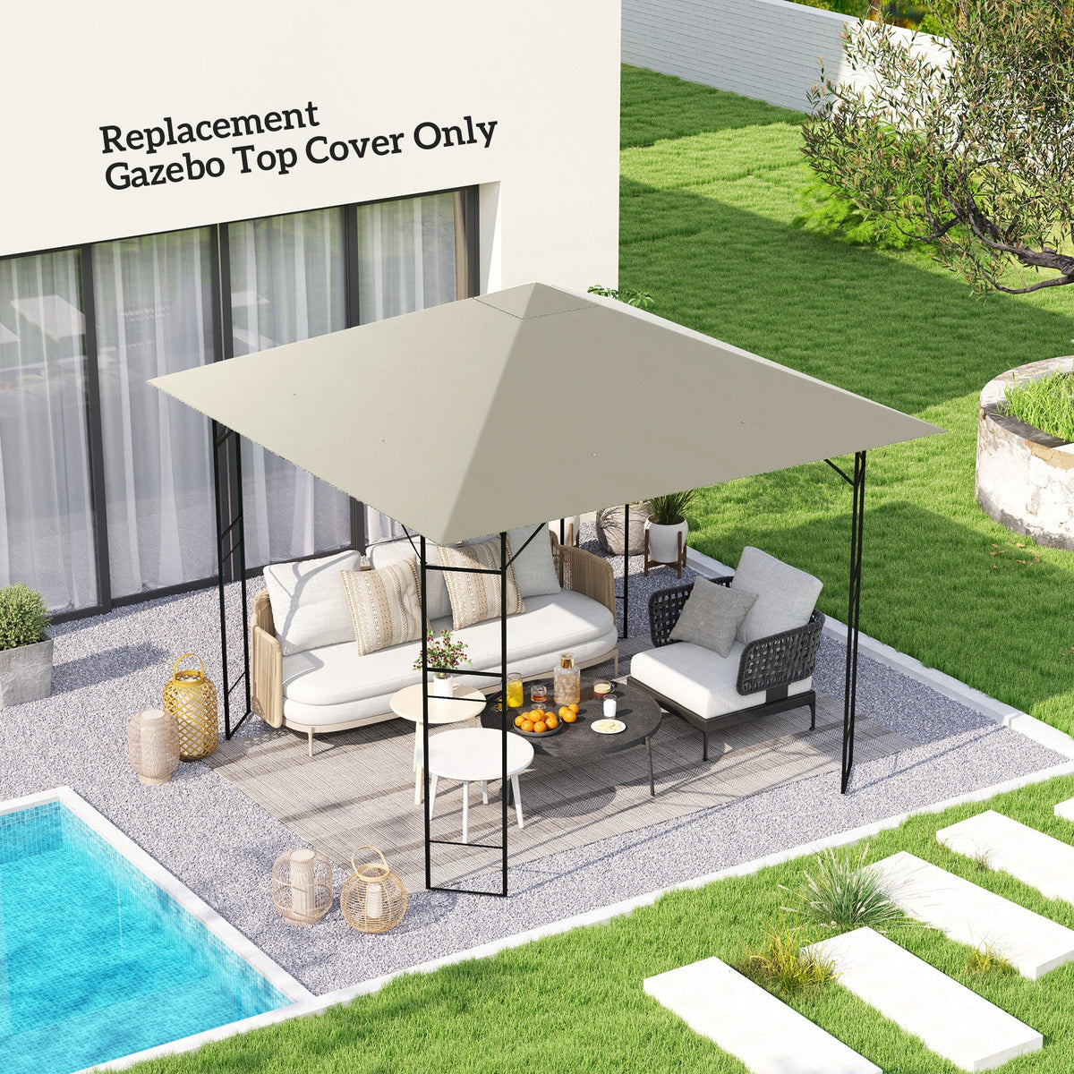 Beige gazebo canopy replacement top cover with square design and black metal frame for outsunny light grey gazebo