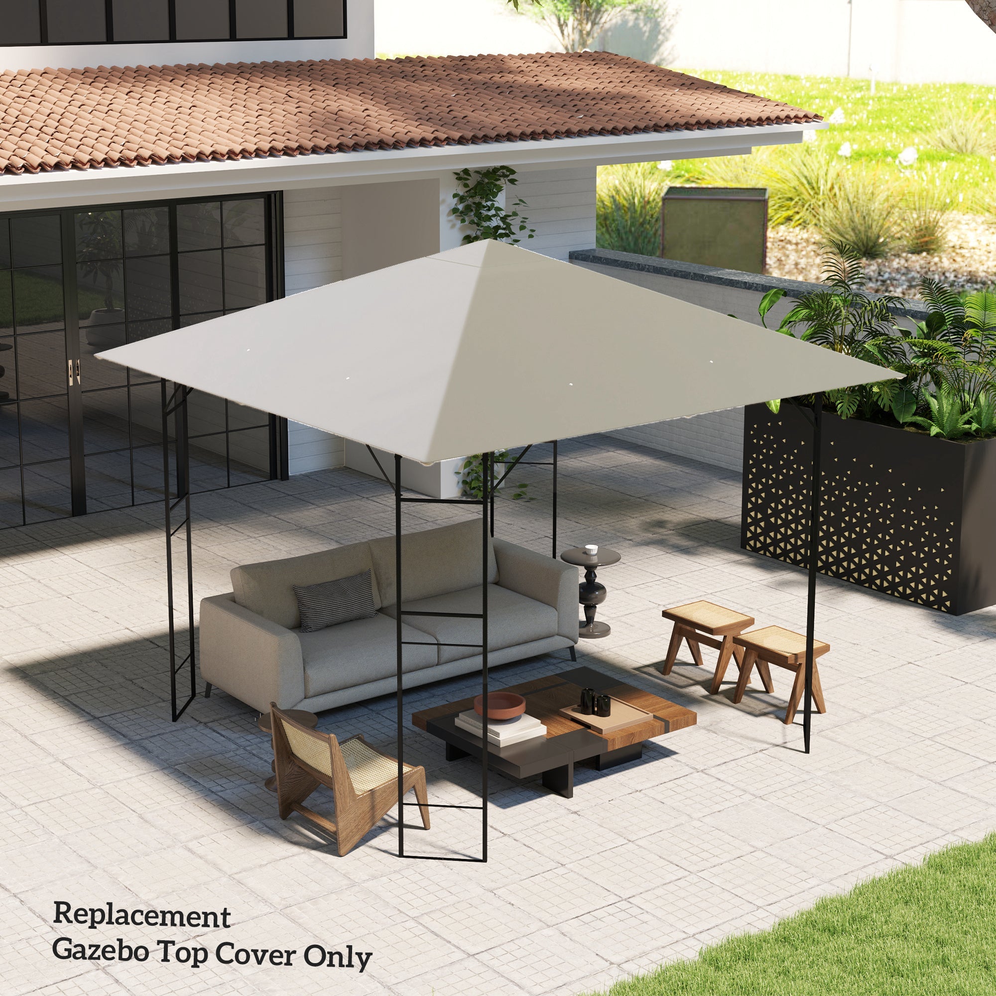 Beige fabric gazebo canopy replacement with a square top and black metal frame for Outsunny 3 x 3m light grey gazebo