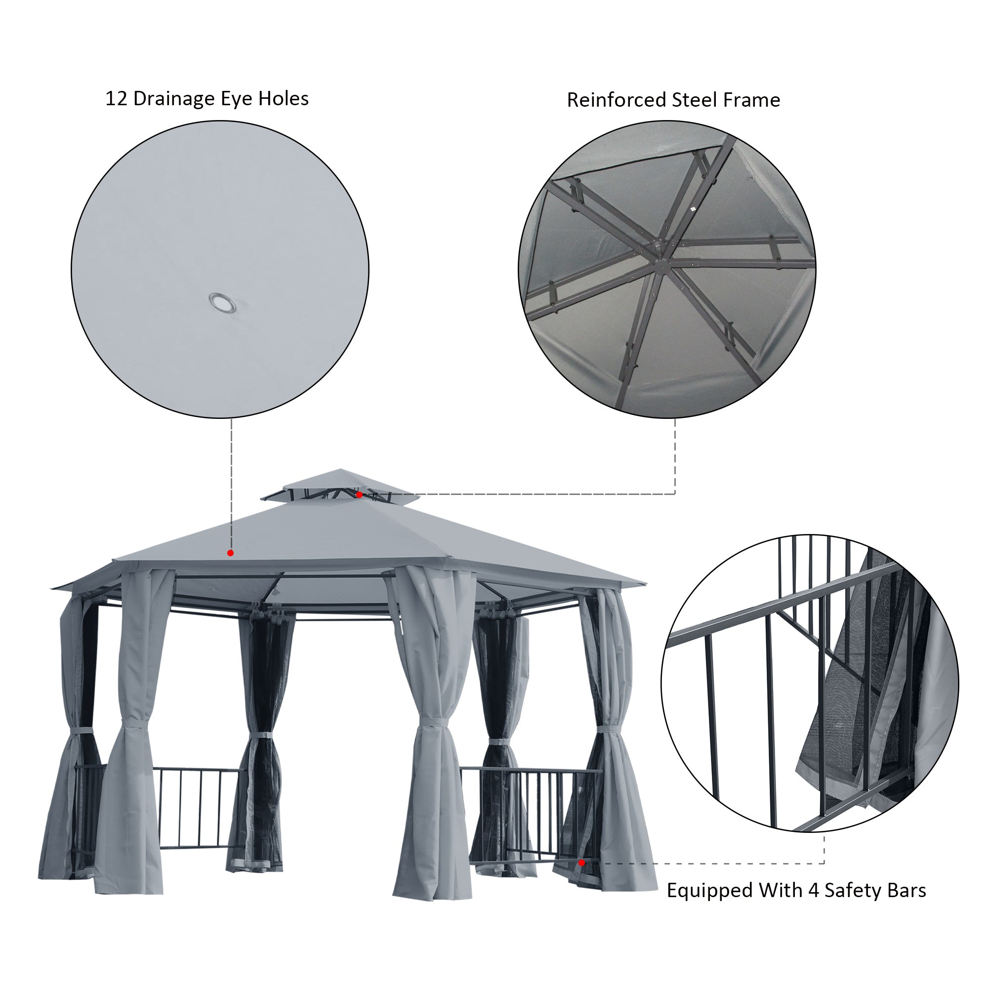 Gray outsunny 3 x 3 m hexagon gazebo with rust-resistant steel frame, matching curtains, and drain holes for outdoor use