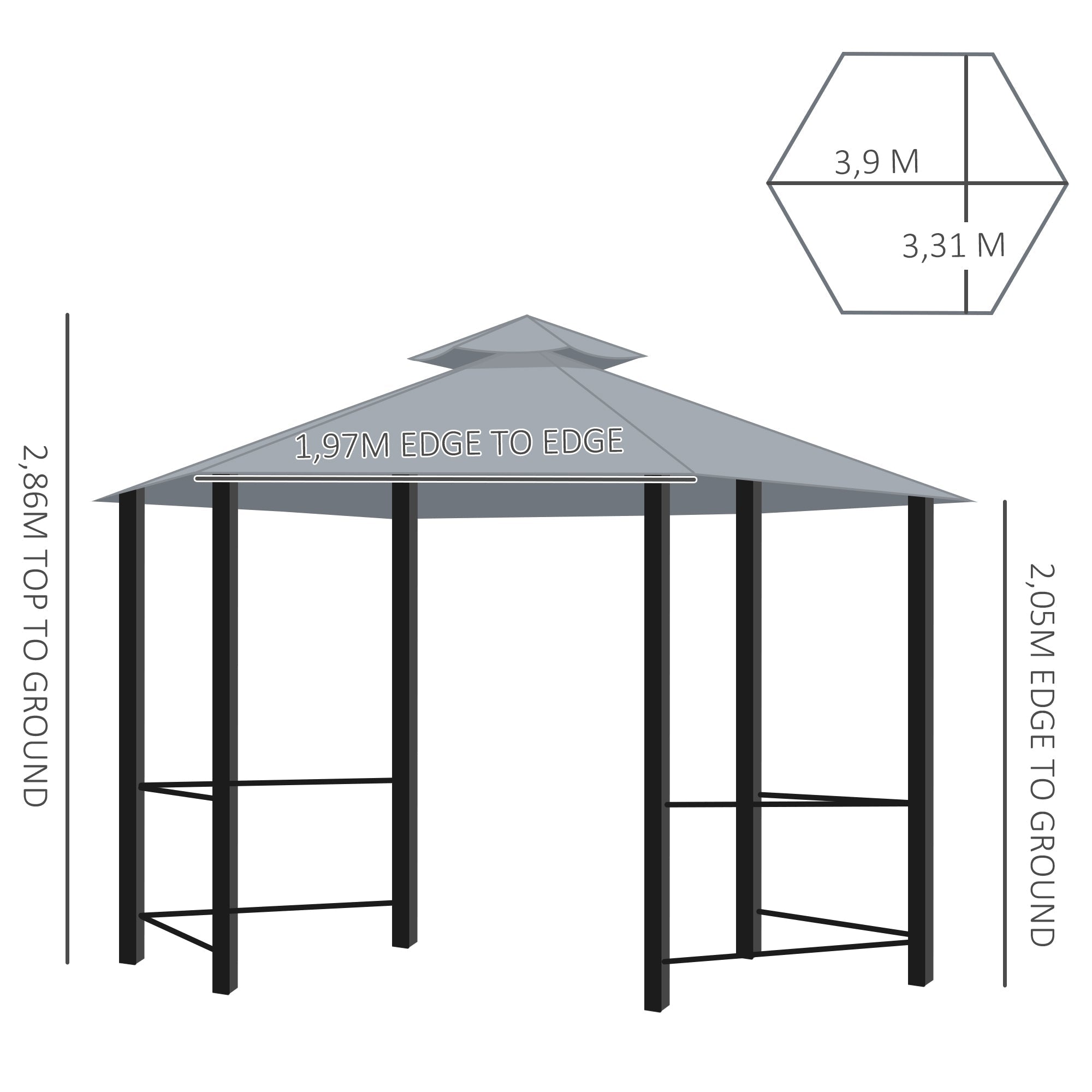 Black metal gazebo with rust-resistant steel frame, gray two-tier roof, hexagonal shape, drain holes, ideal for outdoor garden shelter