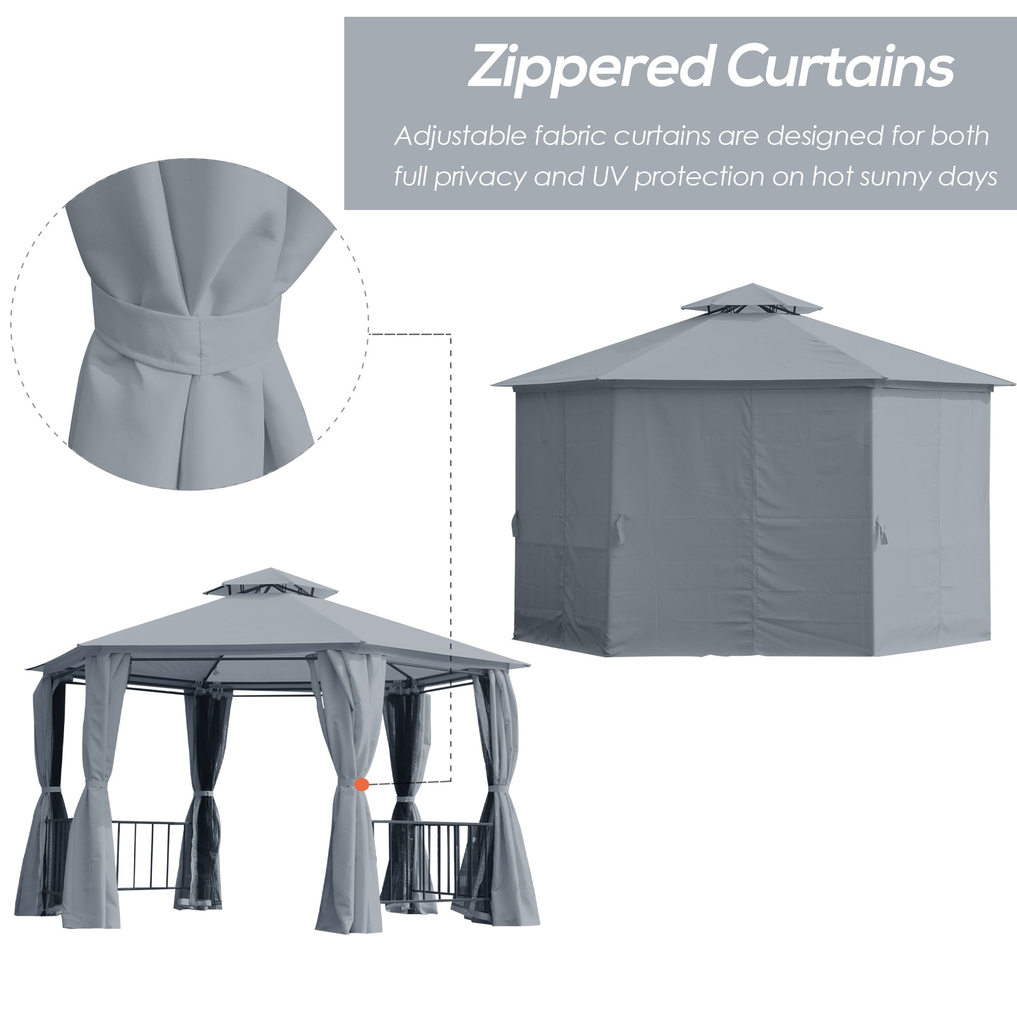 Gray zippered fabric curtains for outsunny hexagon gazebo with rust-resistant steel frame and outdoor uv protection