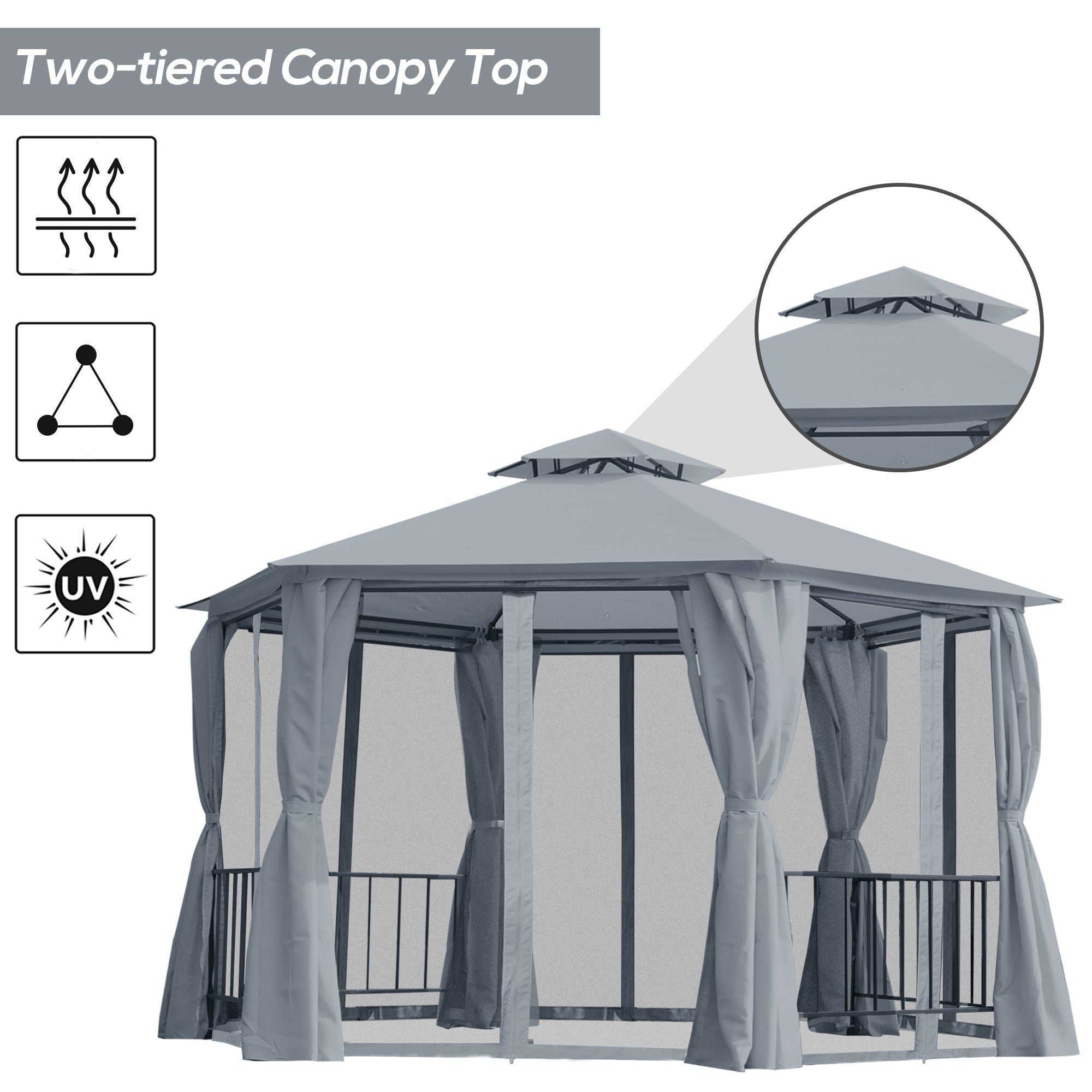 Gray outsunny hexagon gazebo with two tier roof made of durable fabric and rust-resistant steel frame for outdoor use
