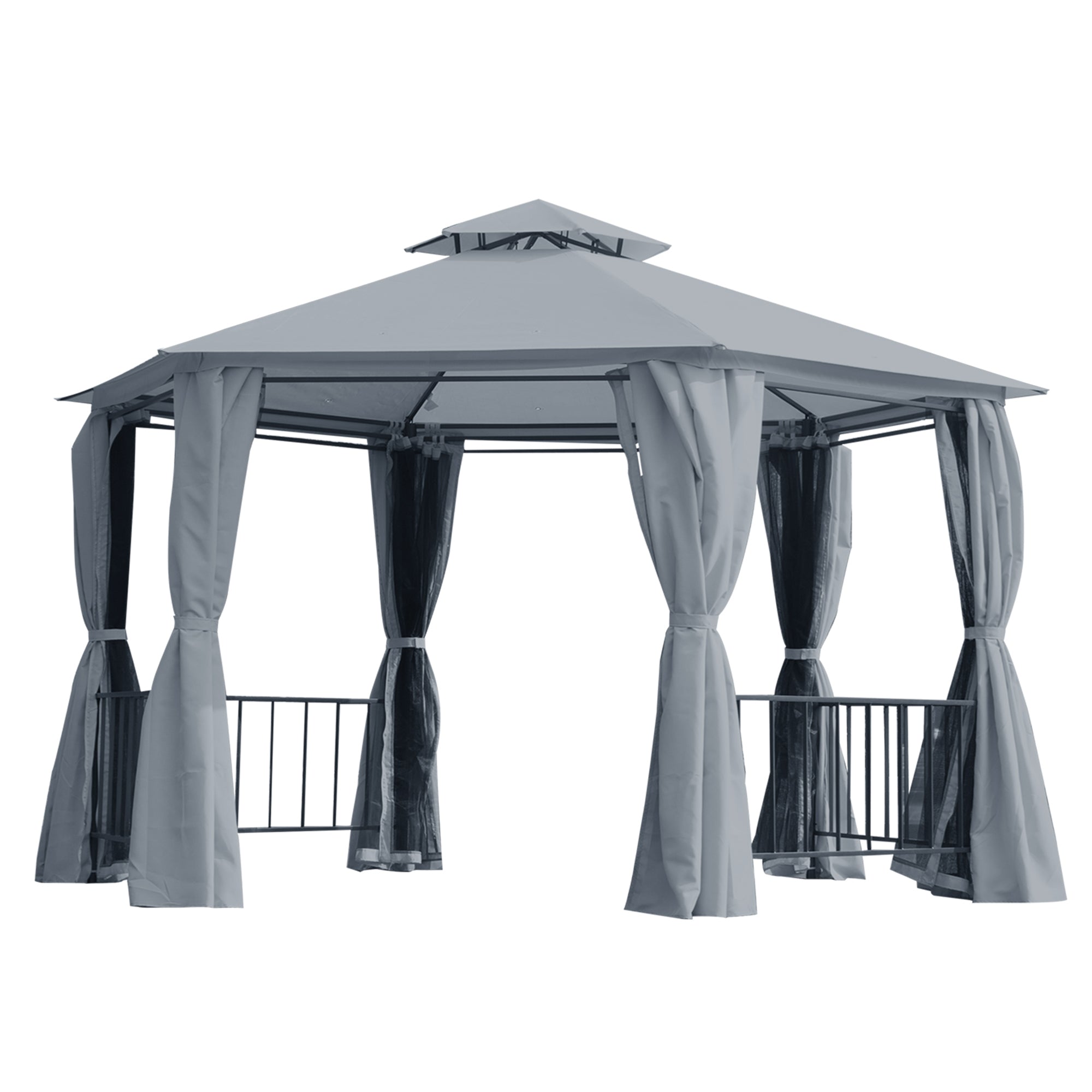 Gray outsunny 3x3m hexagon gazebo with two tier roof, matching curtains, rust-resistant steel frame, and drain holes