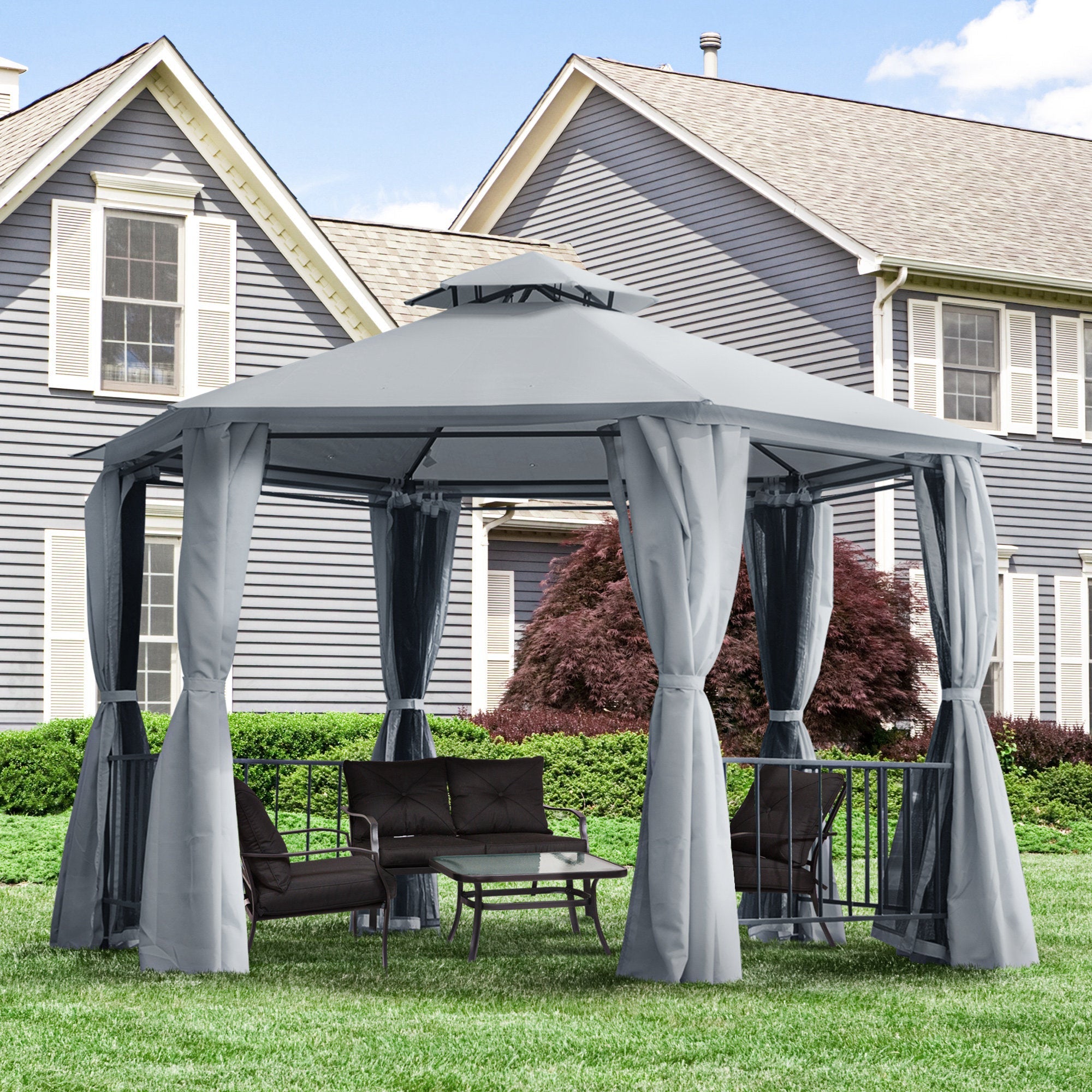Gray outsunny 3 x 3m hexagon gazebo with rust-resistant steel frame dark gray curtains and 2 tier roof outdoor shelter