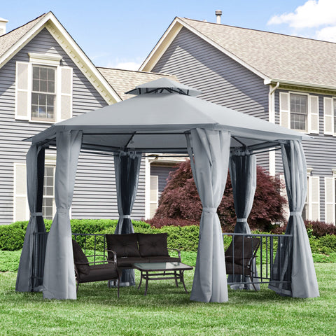 Gray outsunny 3 x 3m hexagon gazebo with rust-resistant steel frame dark gray curtains and 2 tier roof outdoor shelter