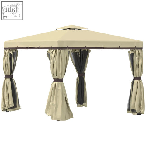 Beige and dark brown garden pavilion with polyester canopy sheer curtains and expansion screws in aluminum frame