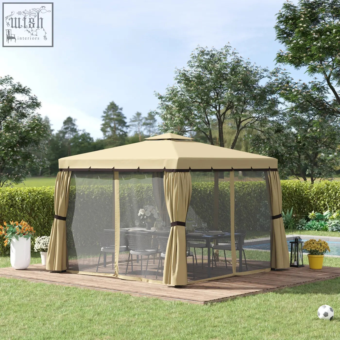 Beige outsunny garden pavilion with polyester canopy, mesh sides, curtains, aluminium frame, and expansion screws