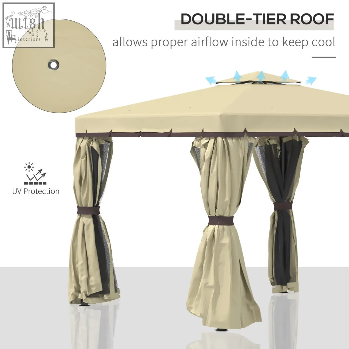 Beige outsunny garden pavilion with polyester canopy, double-tier roof, dark brown trim, side curtains, and expansion screws
