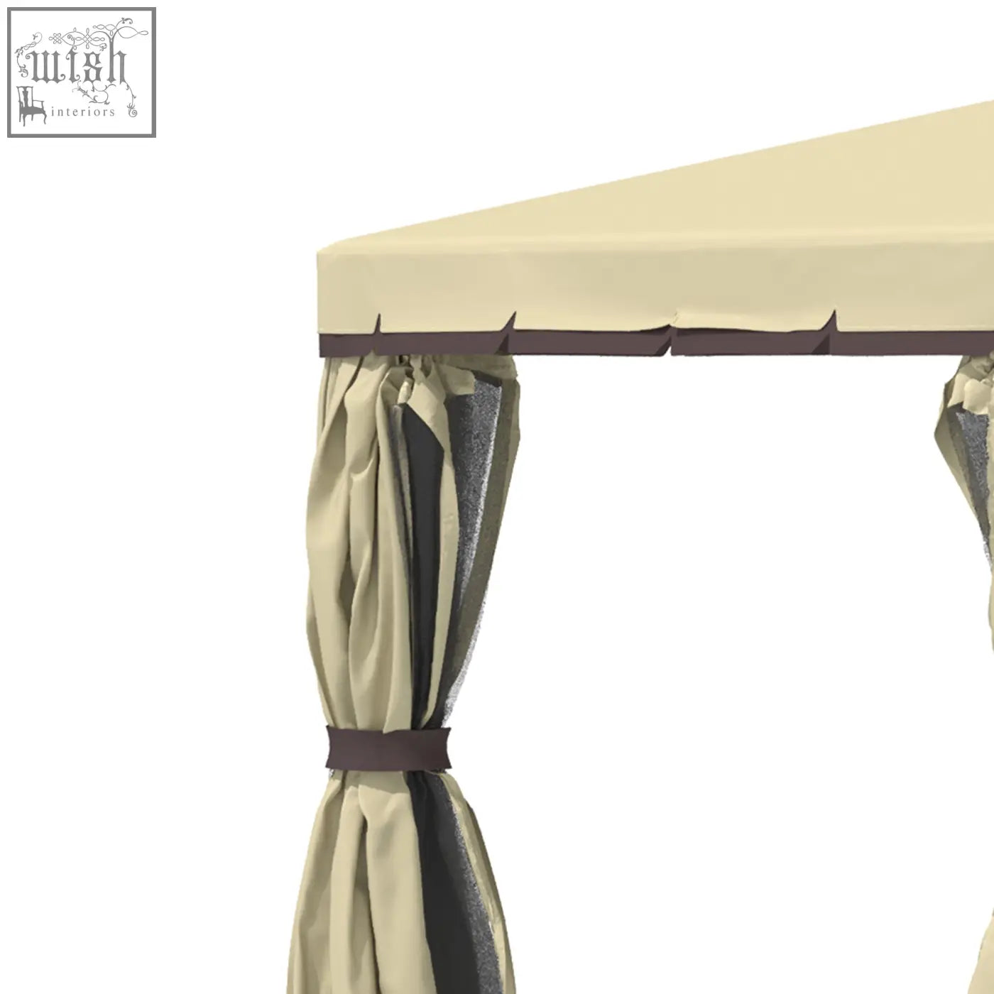 Beige and dark brown polyester canopy curtain with tie belt on outsunny garden pavilion using expansion screws