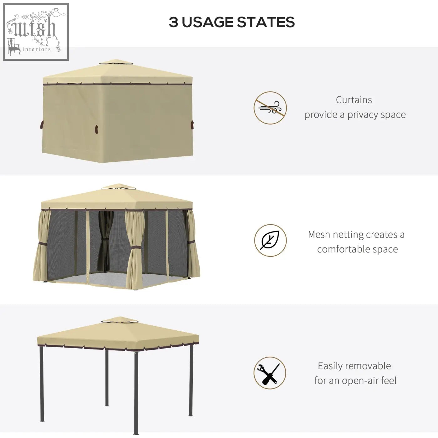 Beige polyester canopy garden pavilion with black metal frame mesh netting curtains and expansion screws for privacy