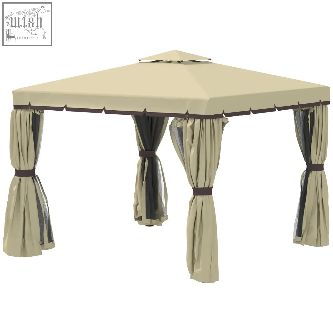 Beige outsunny garden pavilion with polyester canopy, dark brown trim, curtains tied, aluminum frame, and expansion screws
