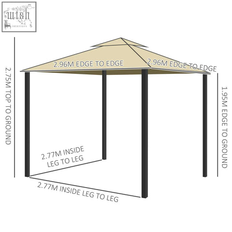 Beige outsunny garden pavilion with polyester canopy, black aluminium frame, expansion screws, and dimensional markings