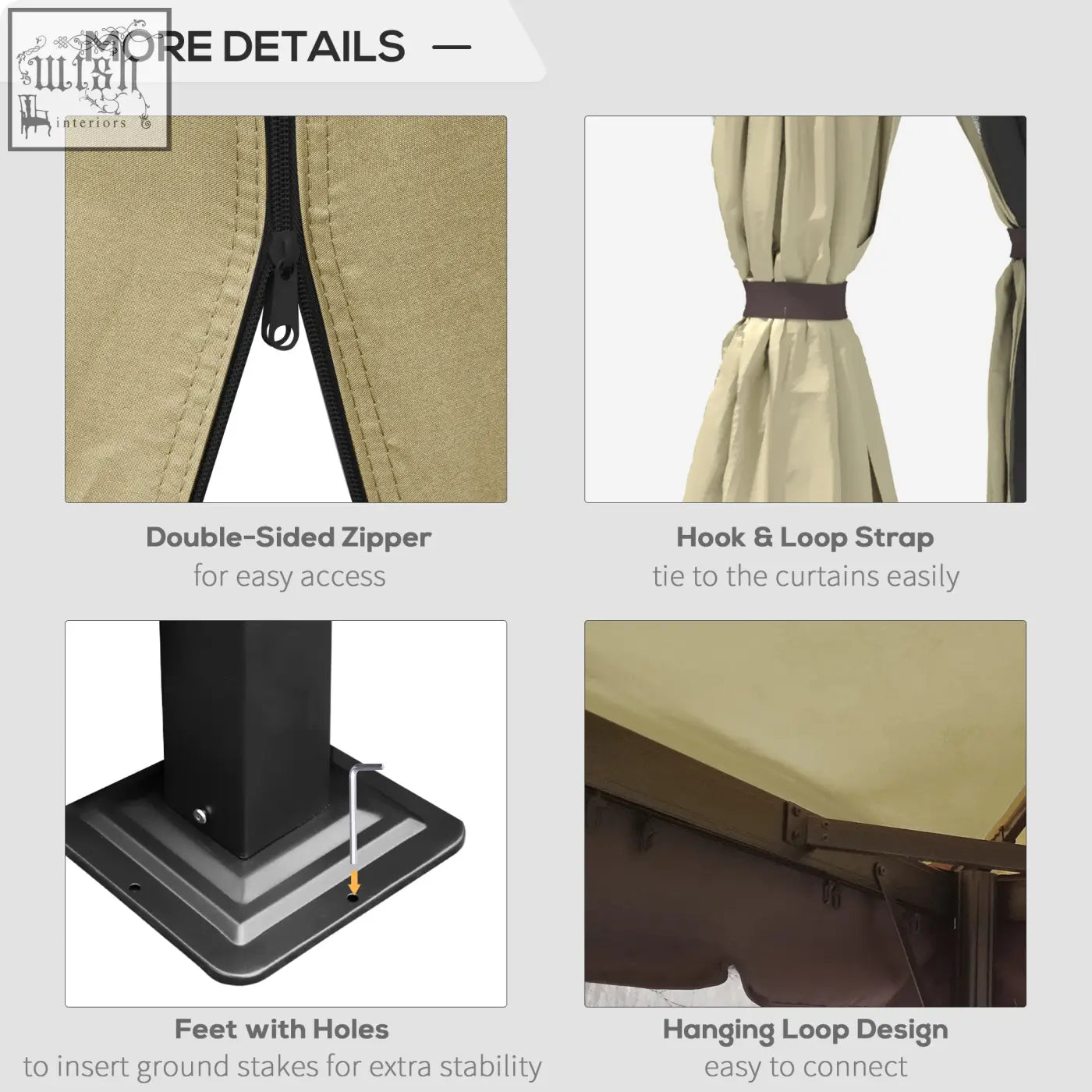 Beige polyester canopy garden pavilion with black metal frame, double-sided zipper, expansion screws, and hanging loops