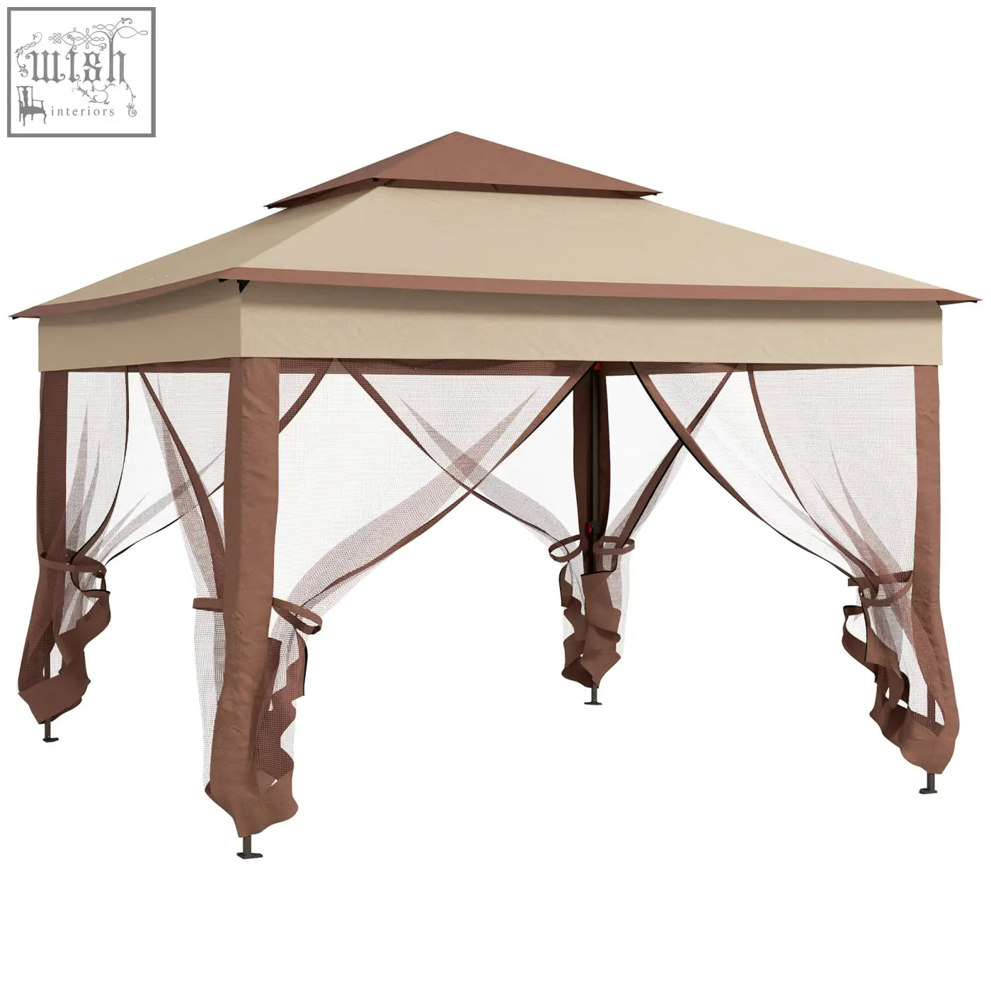 Beige and brown outsunny two-tiered metal frame gazebo with mesh sides fabric curtains and carry bag for safe shelter