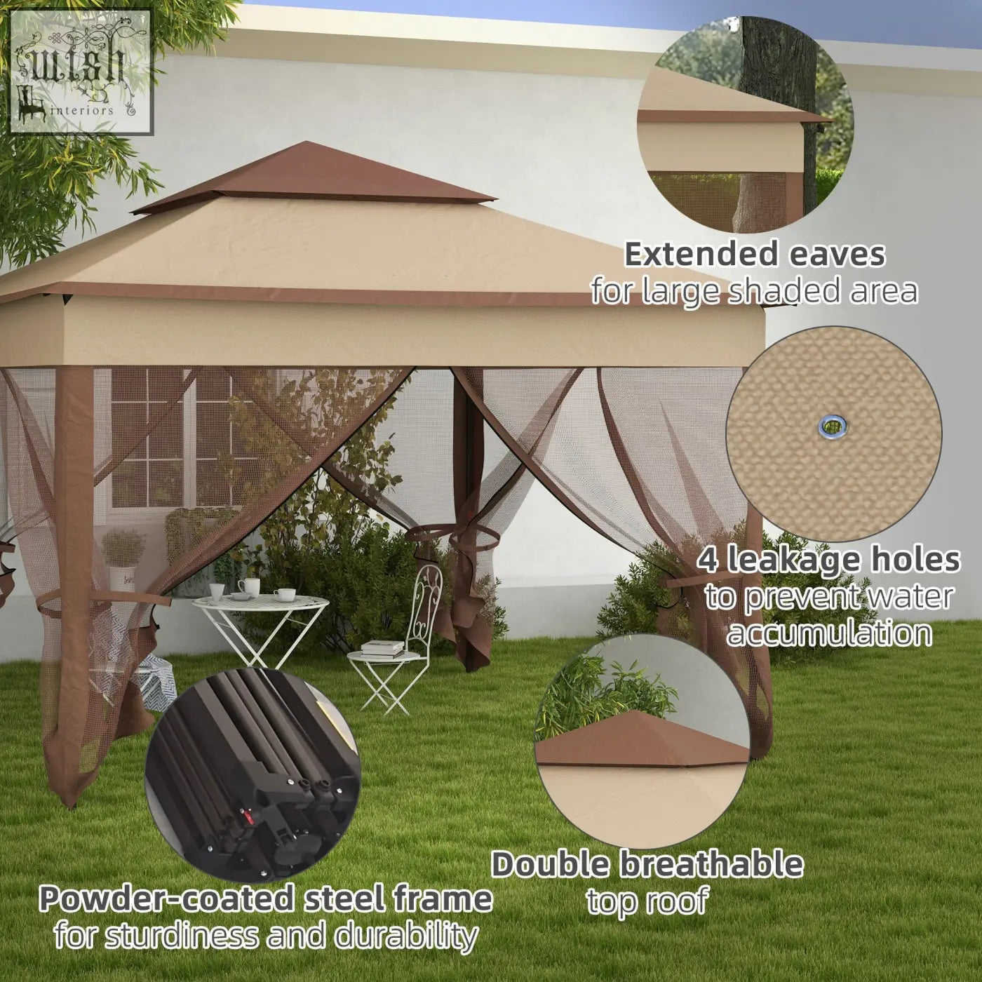 Beige and brown outsunny pop up gazebo with metal frame double roof mesh curtains and carry bag for safe shelter