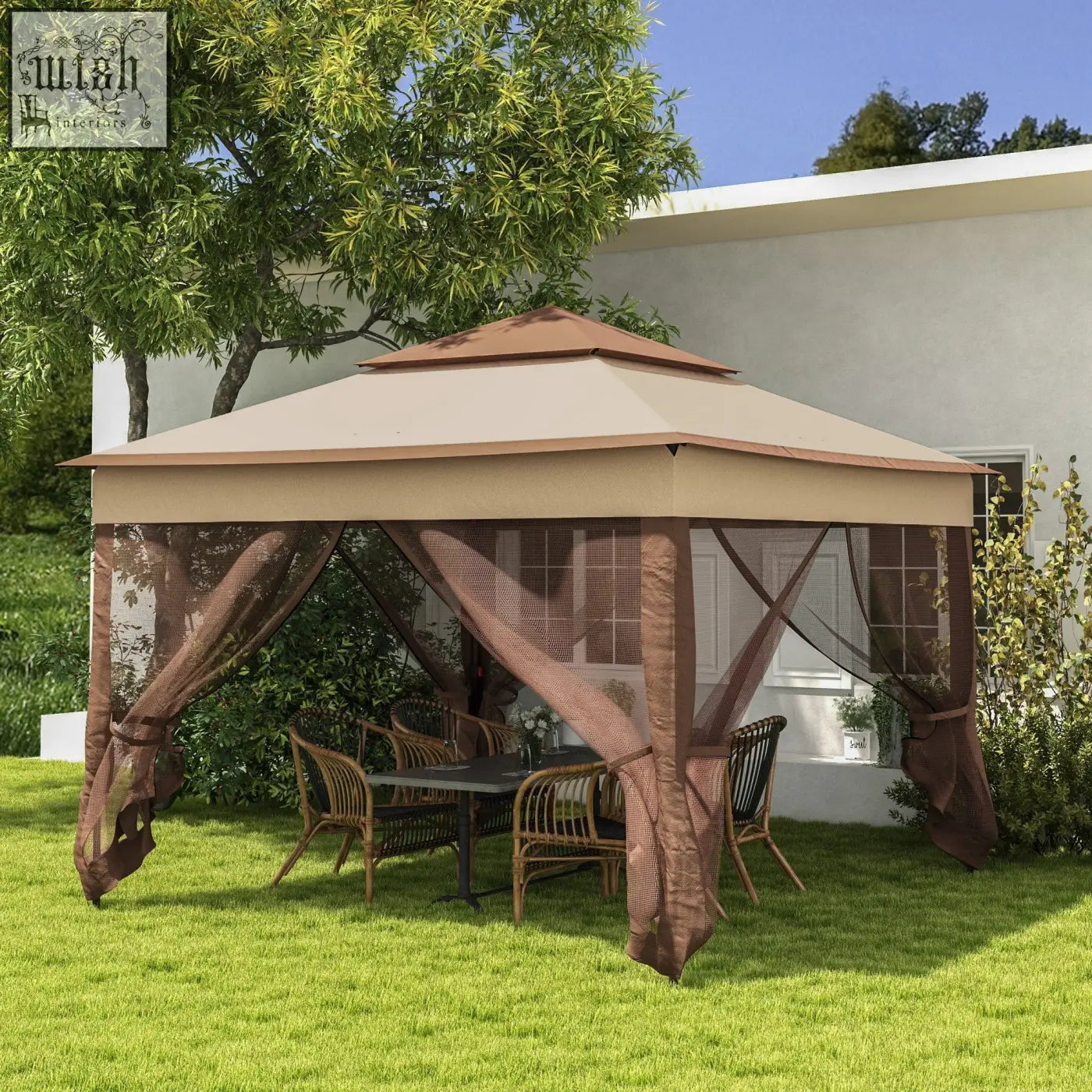 Beige and brown two-tiered outsunny gazebo with metal frame mesh sides fabric curtains and carry bag for safe shelter