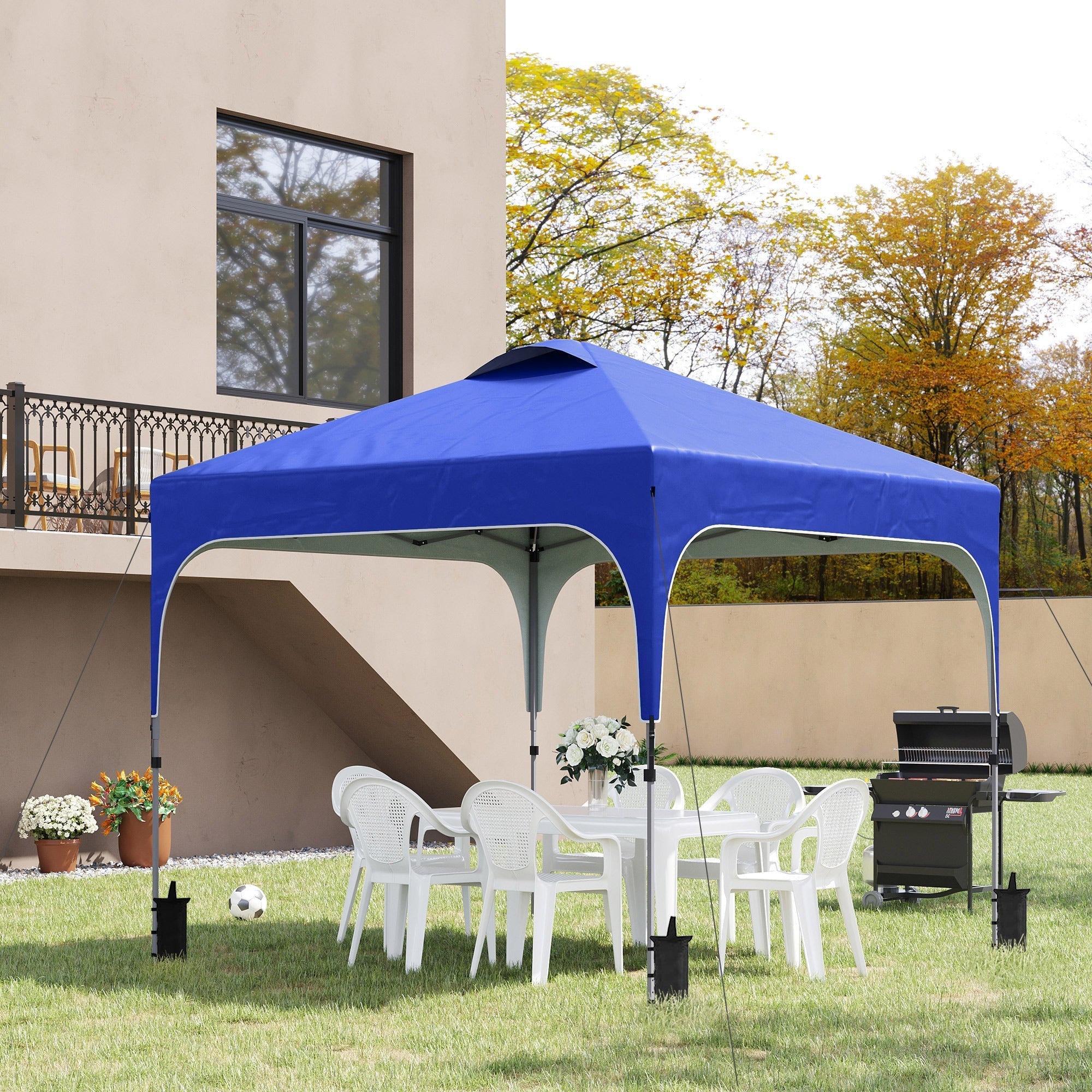 Blue outsunny pop up gazebo with uv50+ fabric canopy, foldable metal frame, and wheeled carrybag for outdoor use