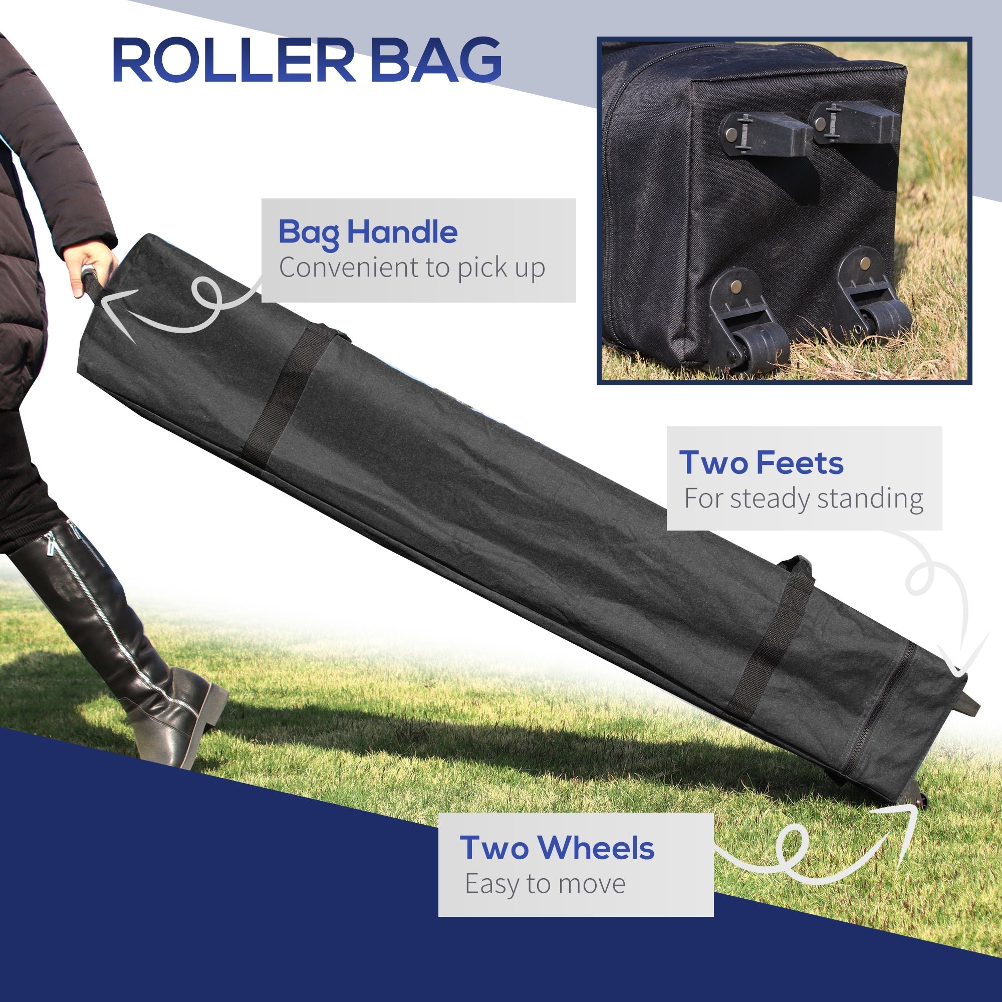 Black fabric roller bag with two wheels and feet for easy transport of outsunny uv50+ fabric canopy gazebo
