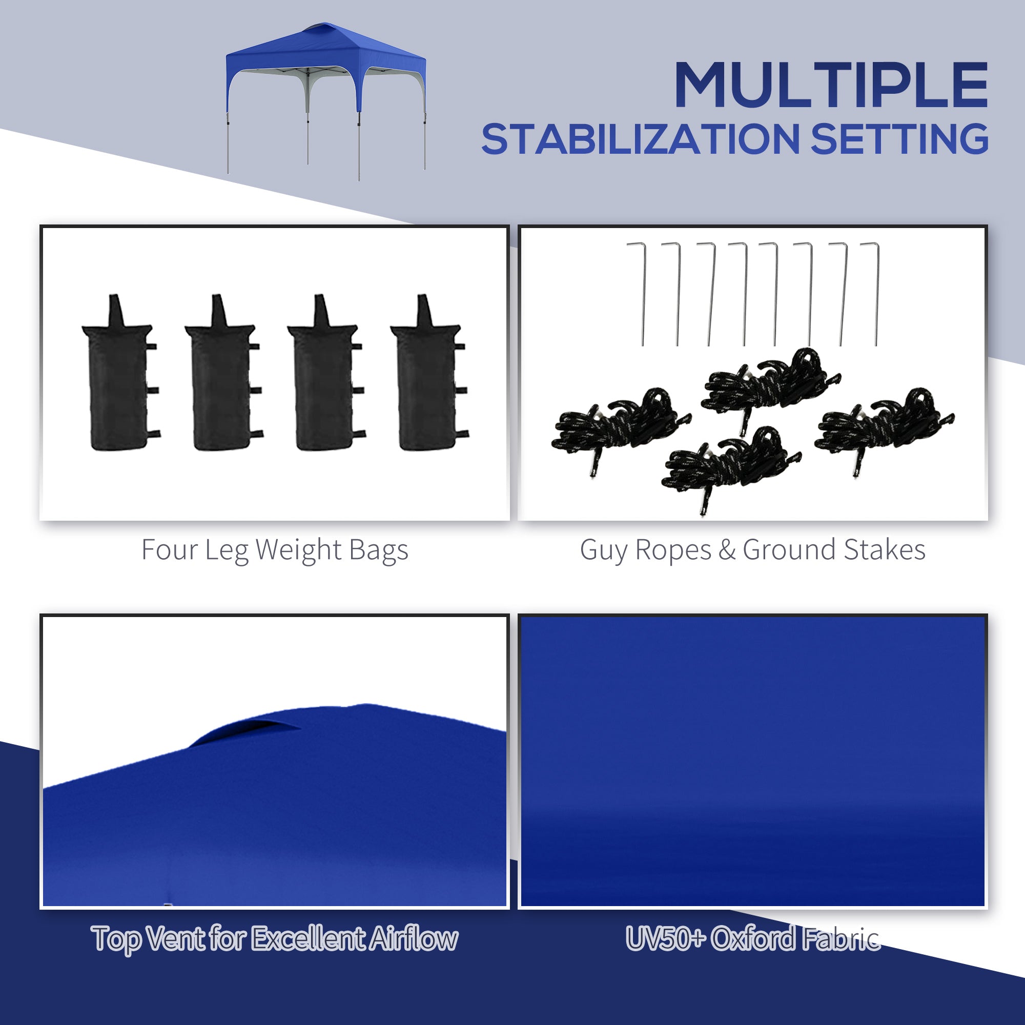 Blue outsunny 3x3 m pop up gazebo with uv50+ fabric canopy and multiple stabilization settings for outdoor use