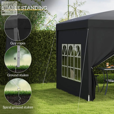 Black outsunny 3x3m pop up gazebo with powder coated steel frame arched windows and spiral ground stakes for stability